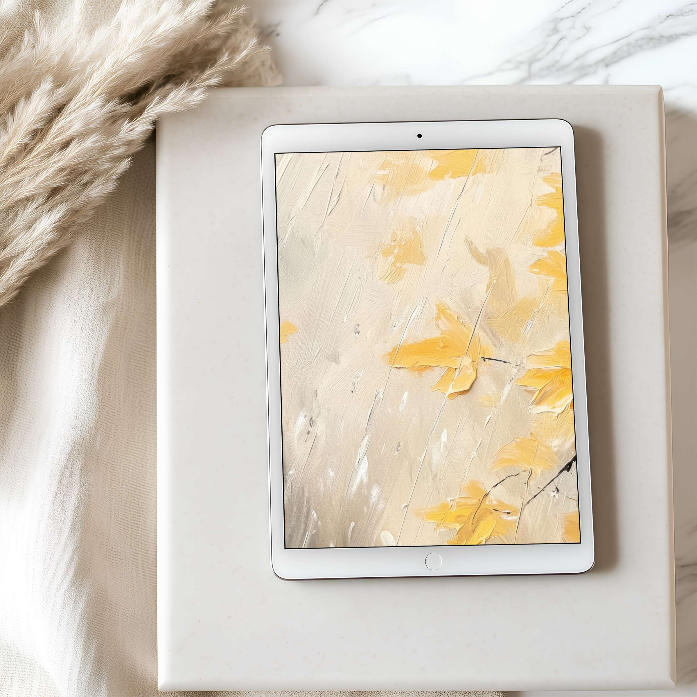 Elegant tablet wallpaper featuring abstract yellow leaves on a pale background enhances calm and style for iPad high resolution download