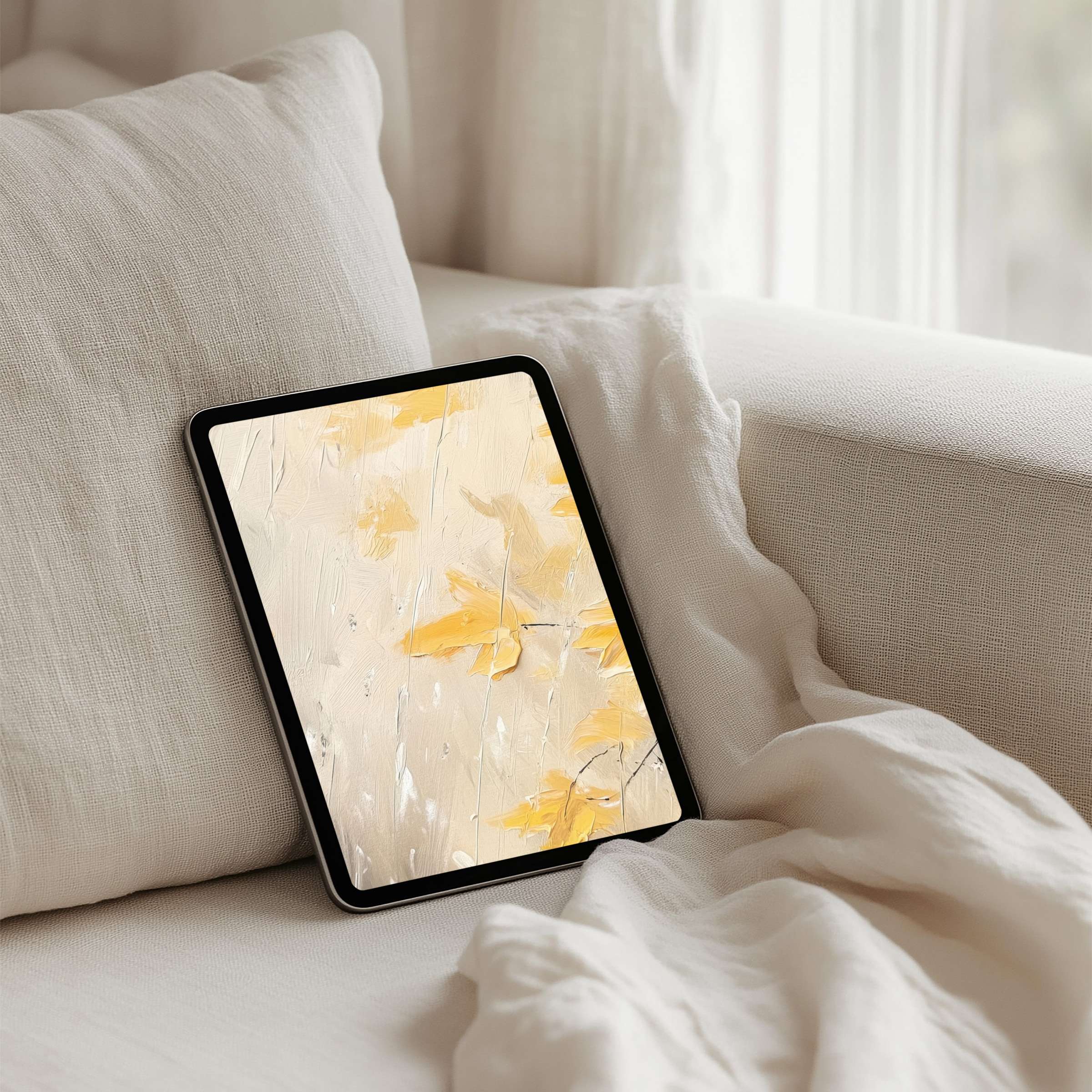 Serene iPad background with soft beige and yellow foliage offers instant download for tablet users seeking calm inspiration