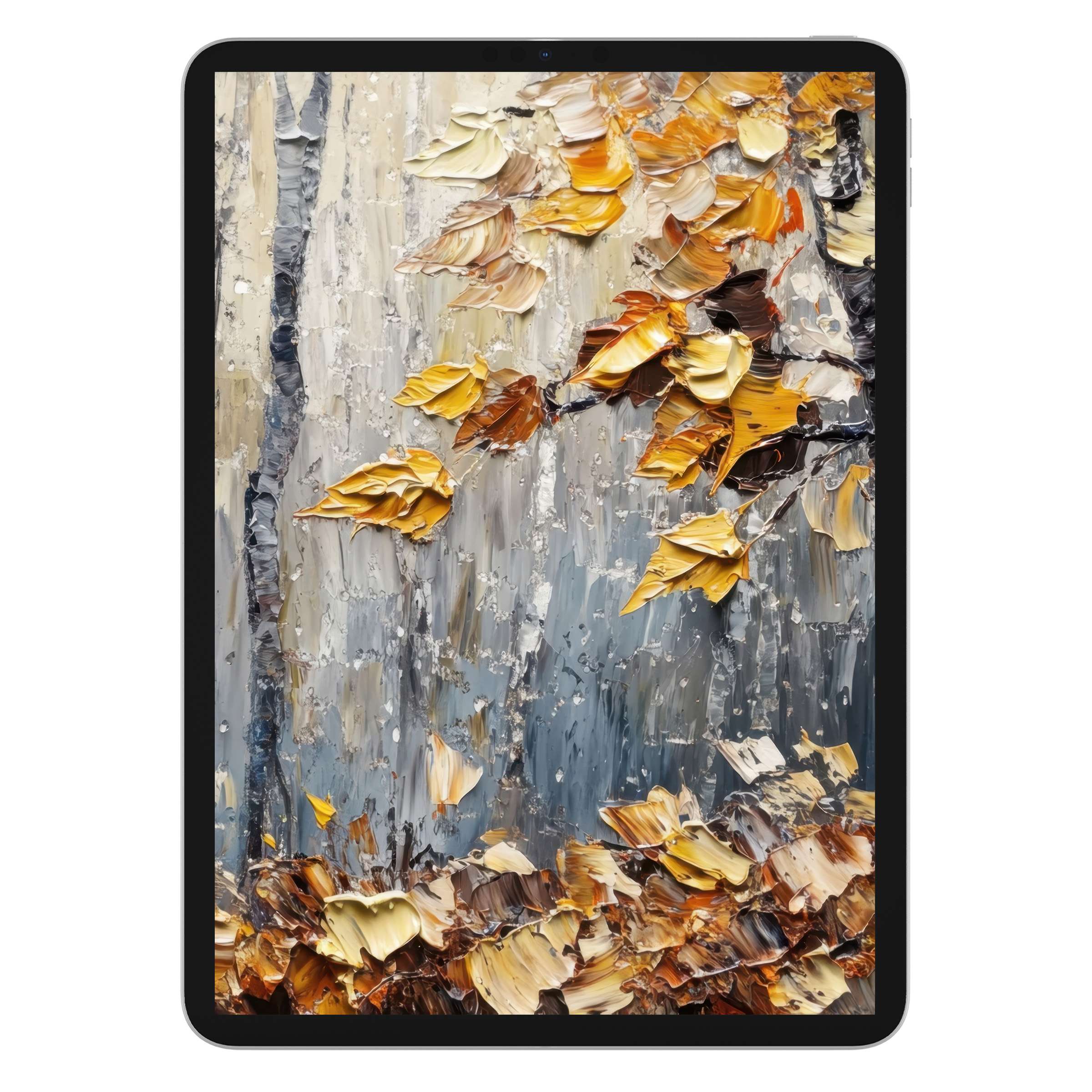 Textured autumn leaves on a serene oil-painted tree iPad wallpaper, perfect tablet background for digital download, soothing ambiance