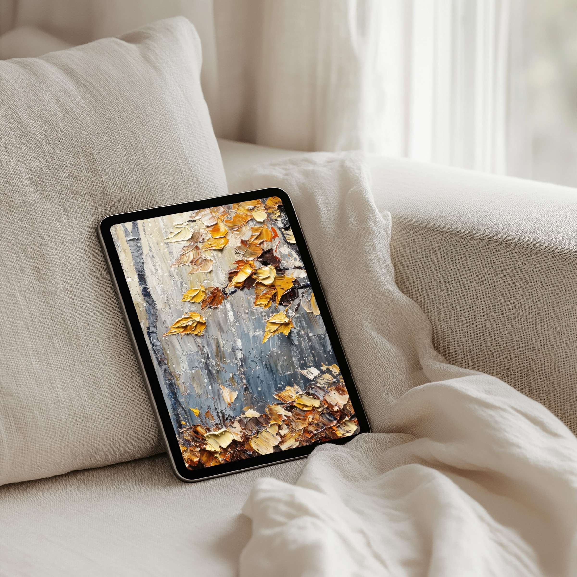 Elegant iPad background of golden leaves and textured birch provides calm inspiration for tablets with instant download option