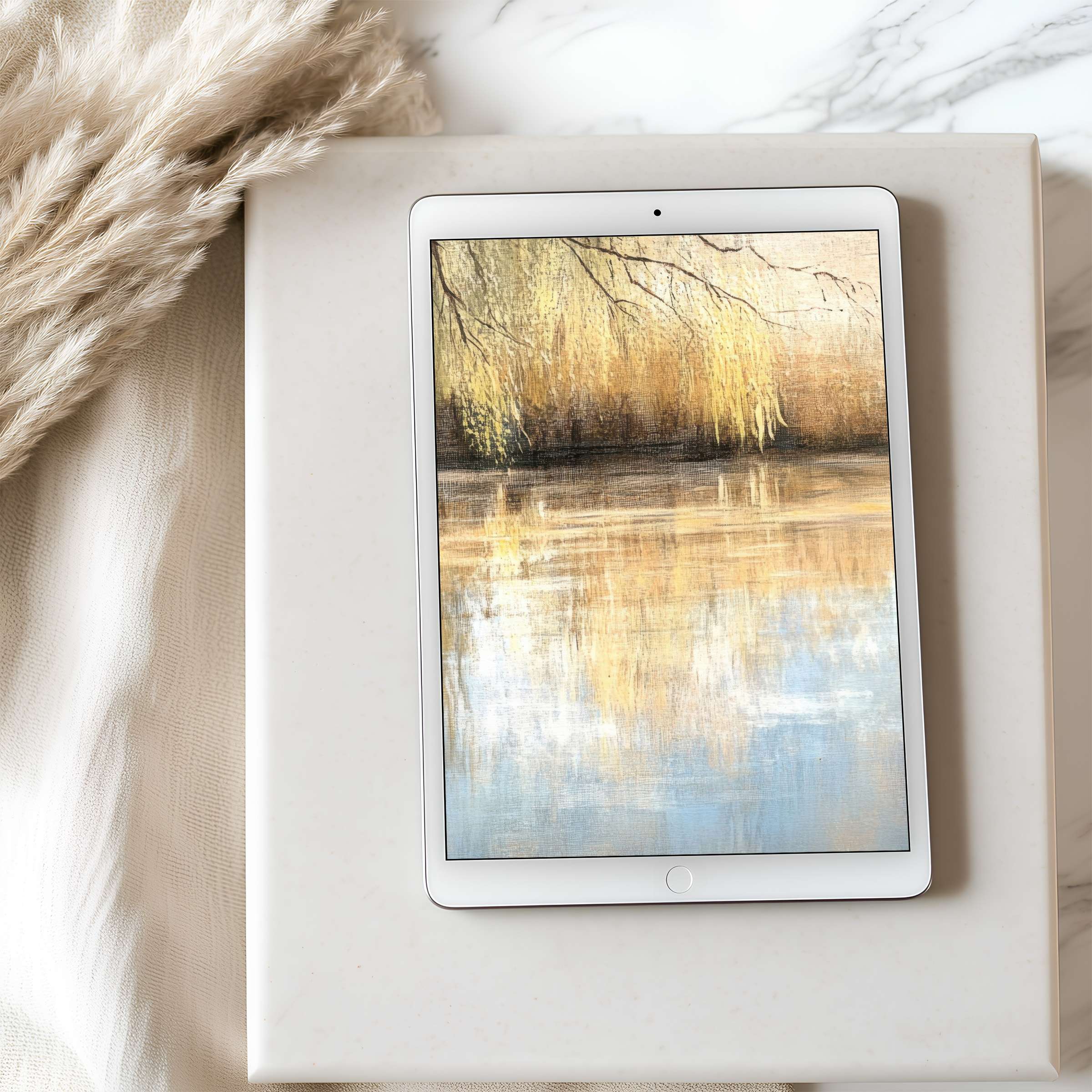 High-resolution tablet wallpaper features an elegant painting of golden trees reflecting on water, perfect for calming iPad and Android displays