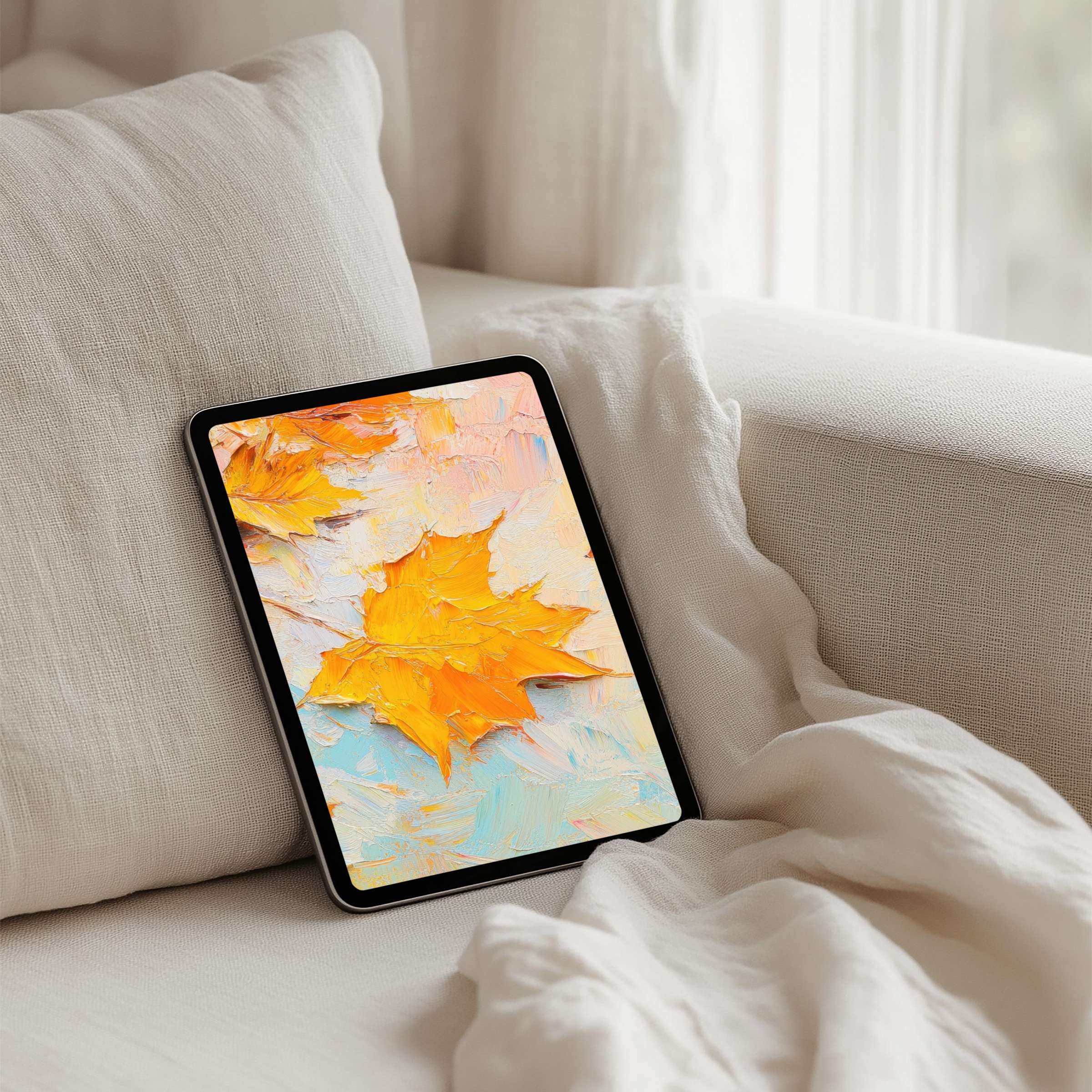 Elegant iPad background featuring autumn leaves in soft pastels on a tablet for instant download inspires calm and mindfulness