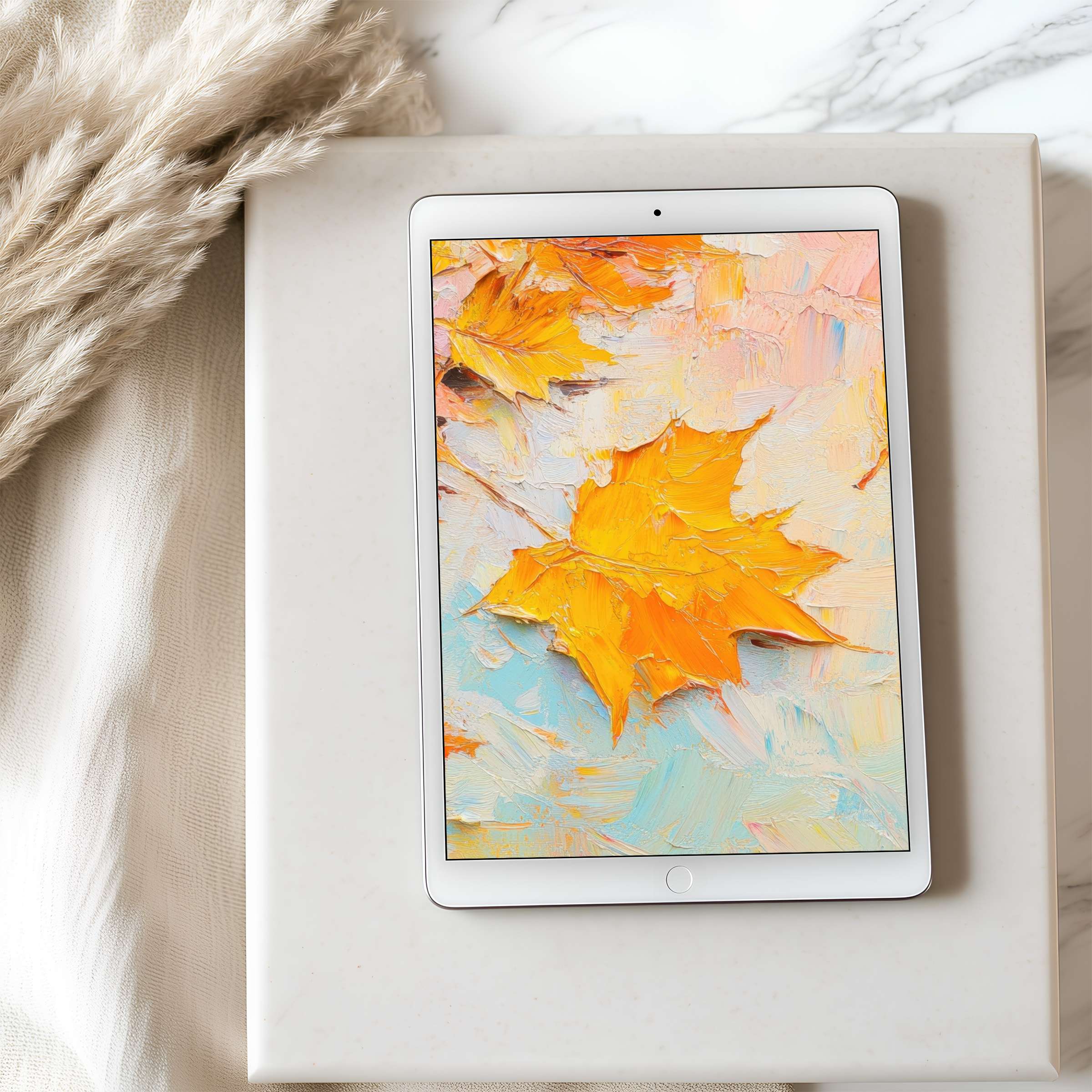 Elegant tablet wallpaper featuring vibrant autumn leaves in an impressionist style, perfect for iPad or Android, high resolution download