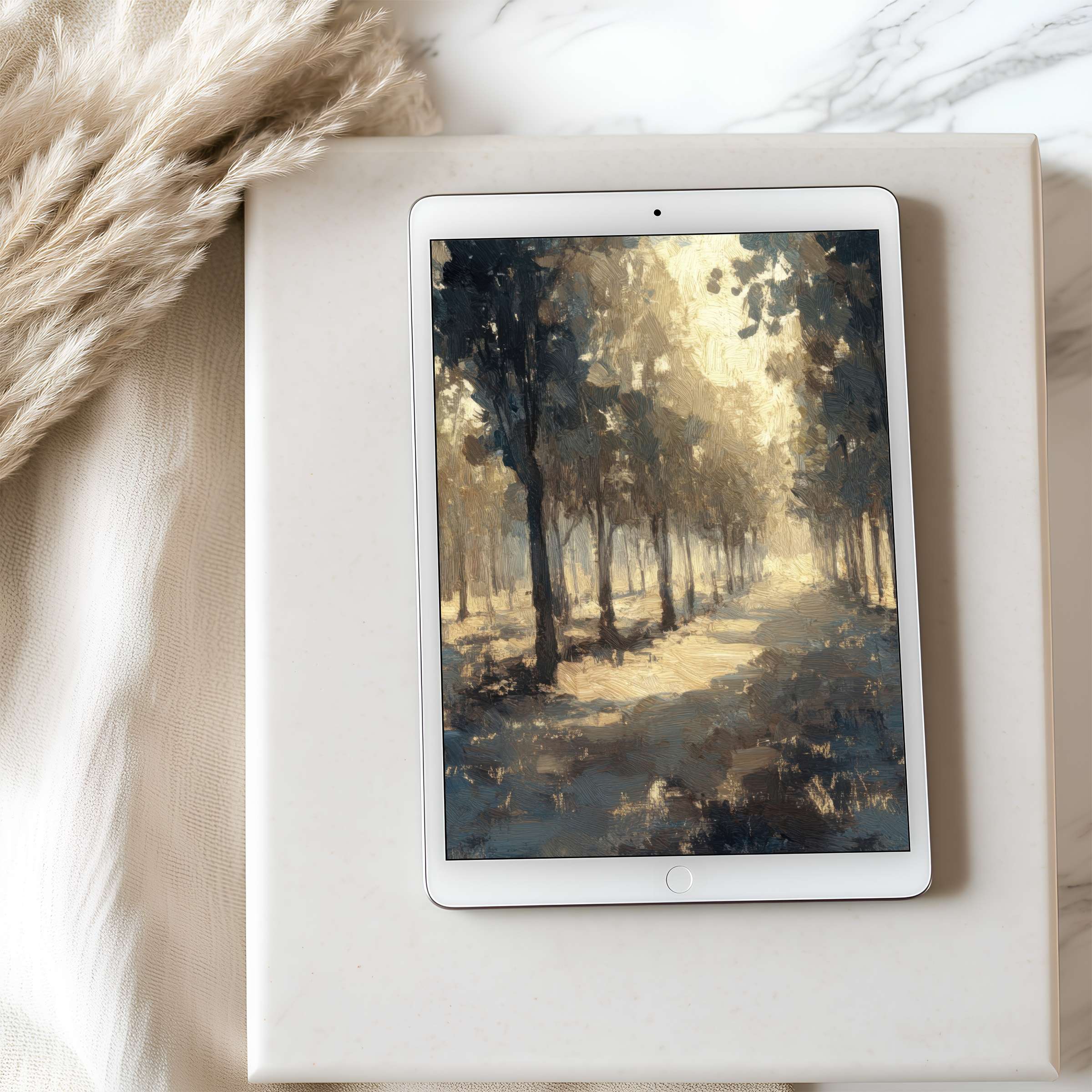 Elegant tablet wallpaper featuring serene forest path in warm hues, perfect for iPad or Android tablets, offering tranquil digital download