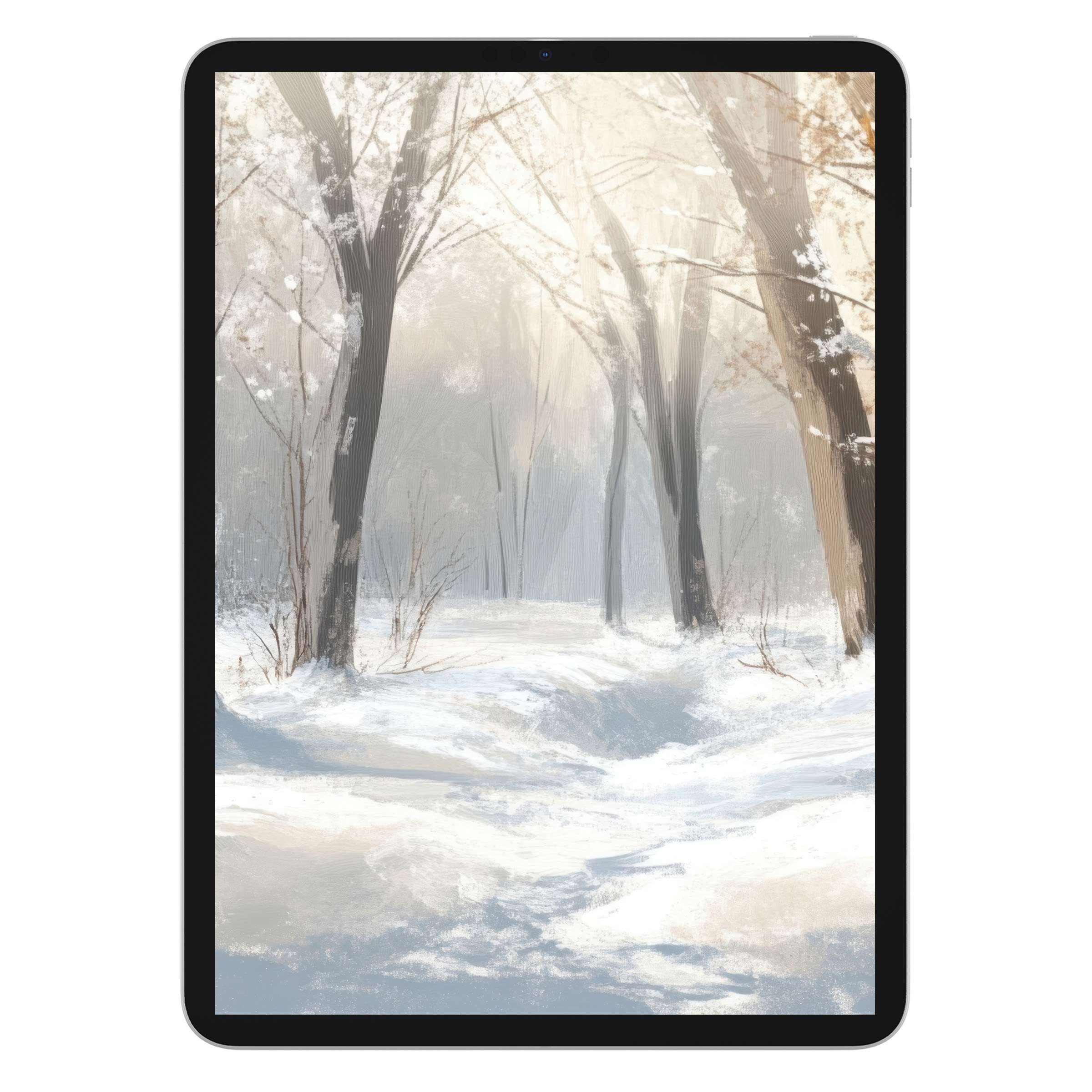 Serene winter forest scene as tree iPad wallpaper offers a calm tablet background; digital download for artistry and sustainability
