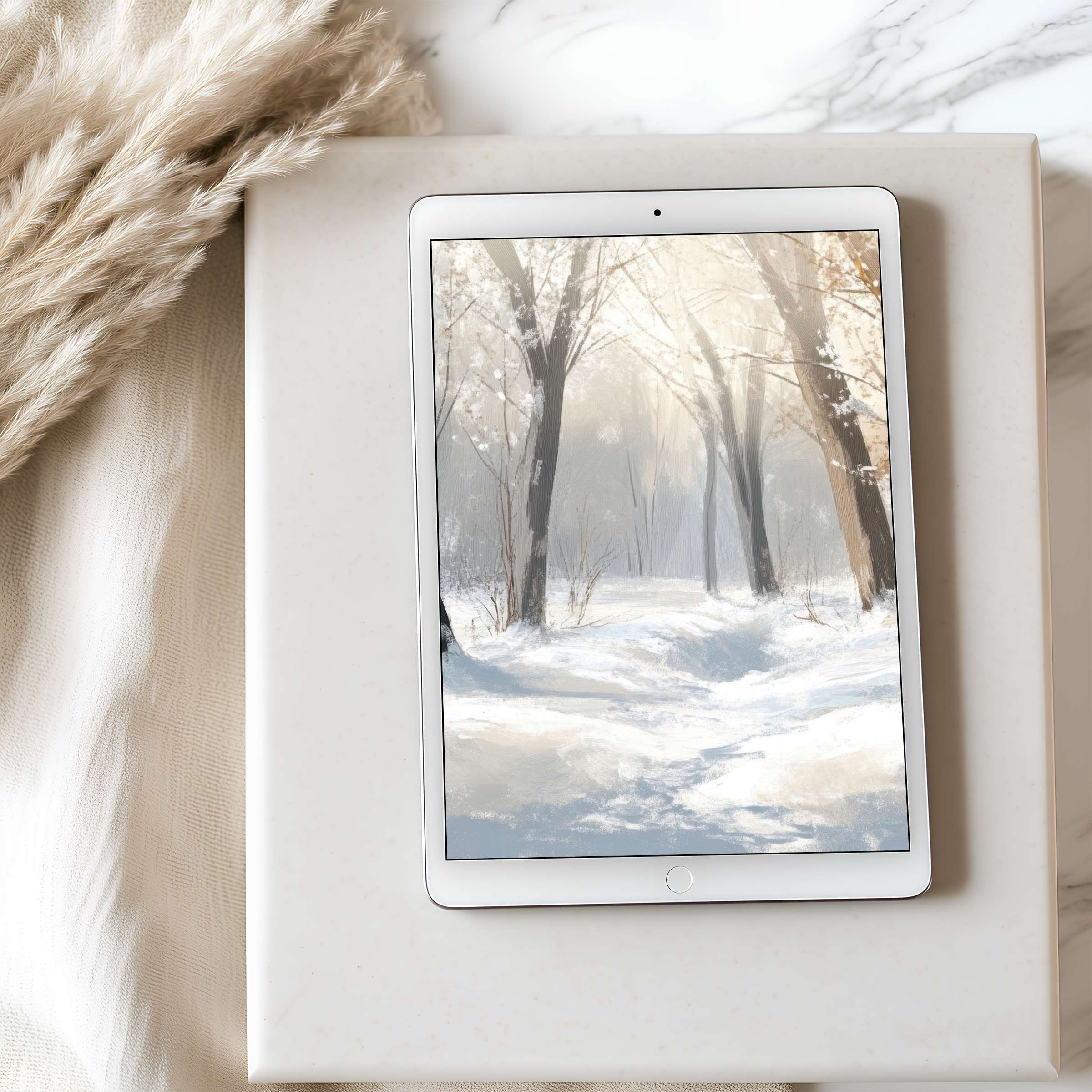 Elegant winter forest scene tablet wallpaper in high resolution, offering calm aesthetics for iPad and Android, digital download