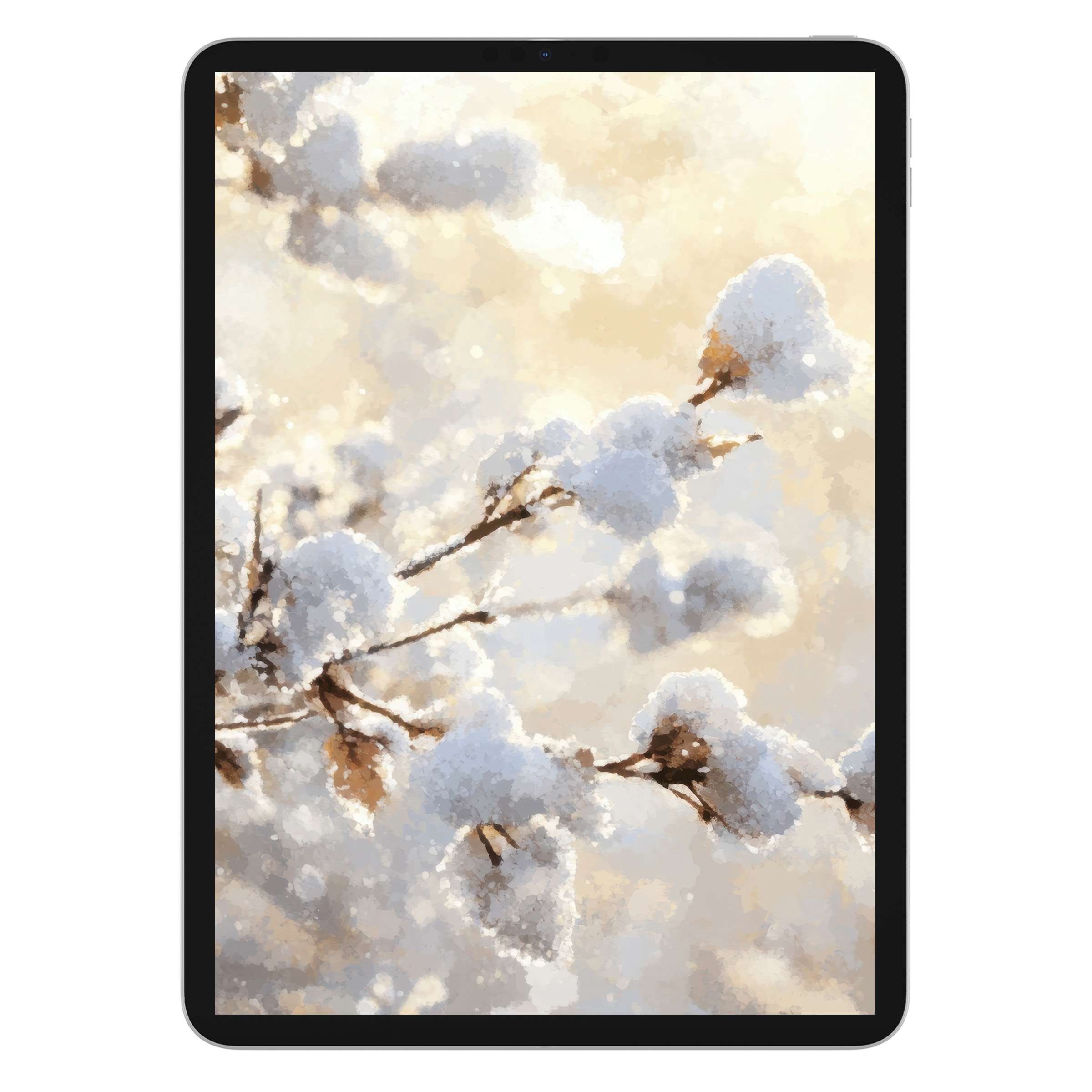 Snow-covered branches in an elegant watercolor style inspire tranquility in this tree iPad wallpaper, perfect for any tablet background digital download