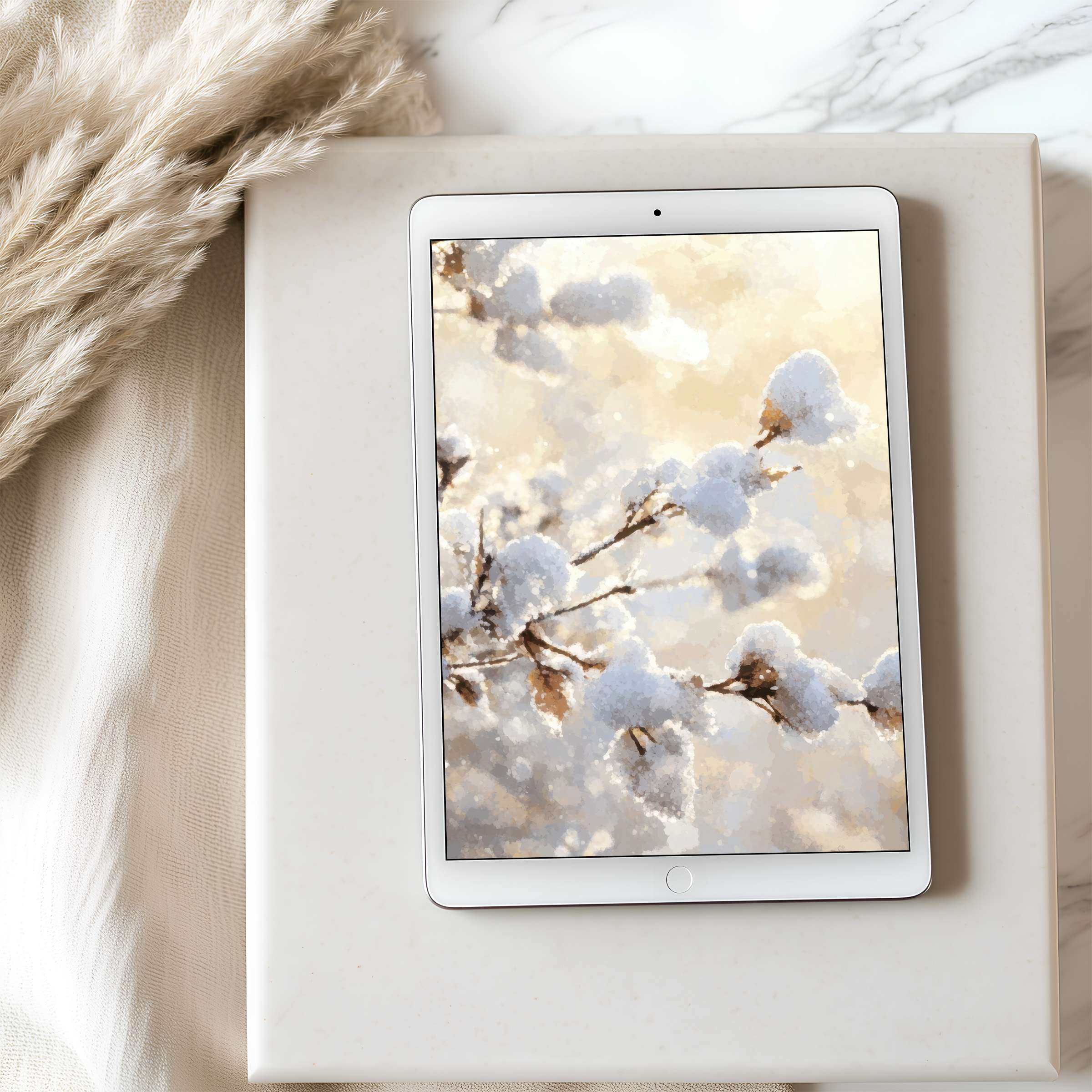 Elegant snow-covered branches in a high-resolution tablet wallpaper evoke tranquility, perfect for iPad or Android digital download