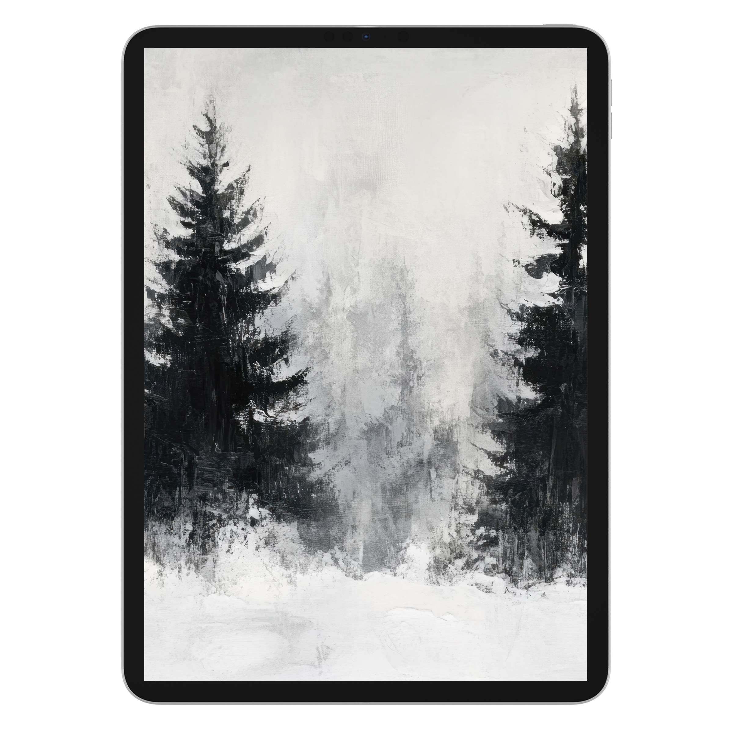 Elegant tree iPad wallpaper in misty grayscale for tranquil tablet background digital download, offering serene aesthetics suitable for iPad and Android