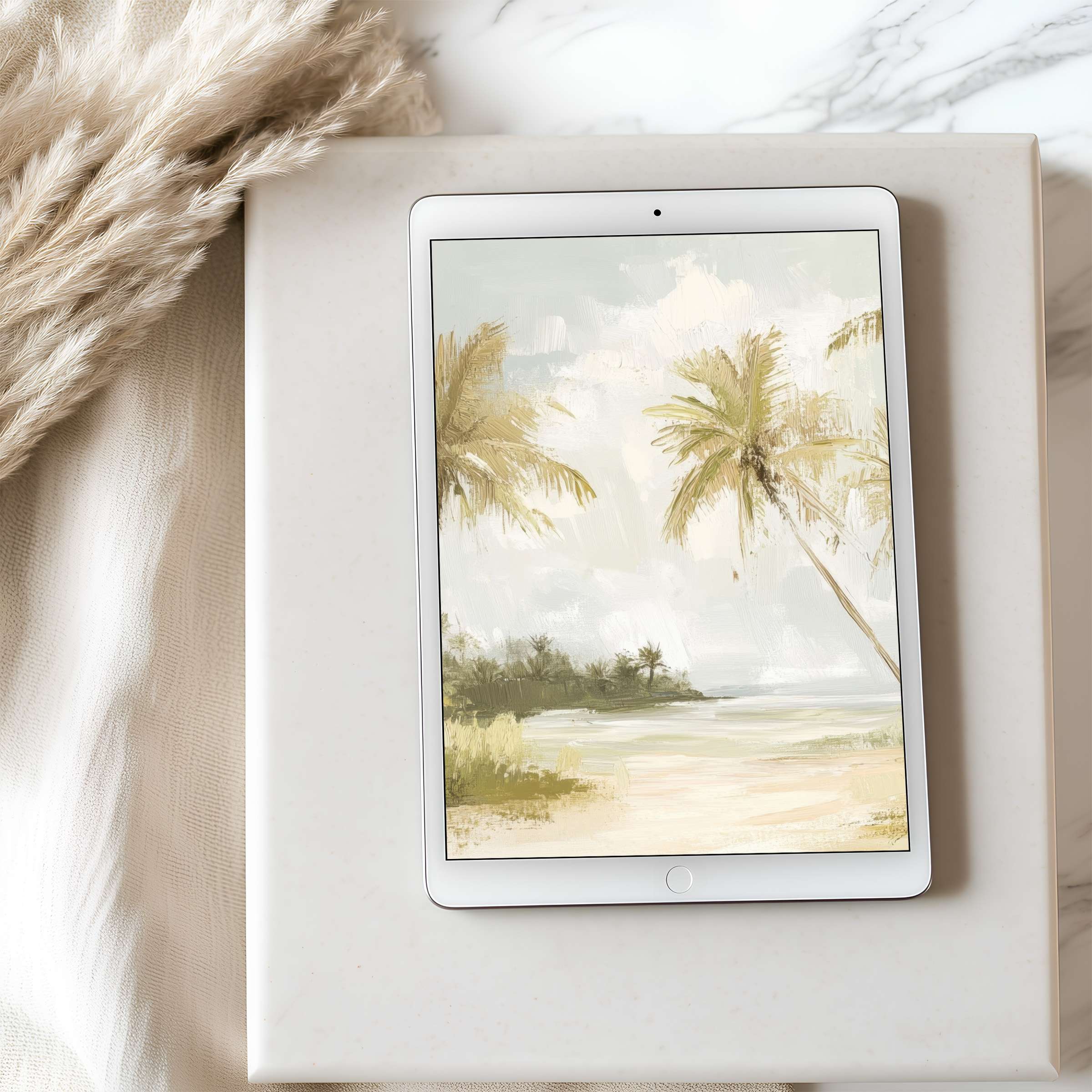 Elegant tablet wallpaper featuring serene palm trees in pastel tones ideal for iPad download enhancing tranquility and style