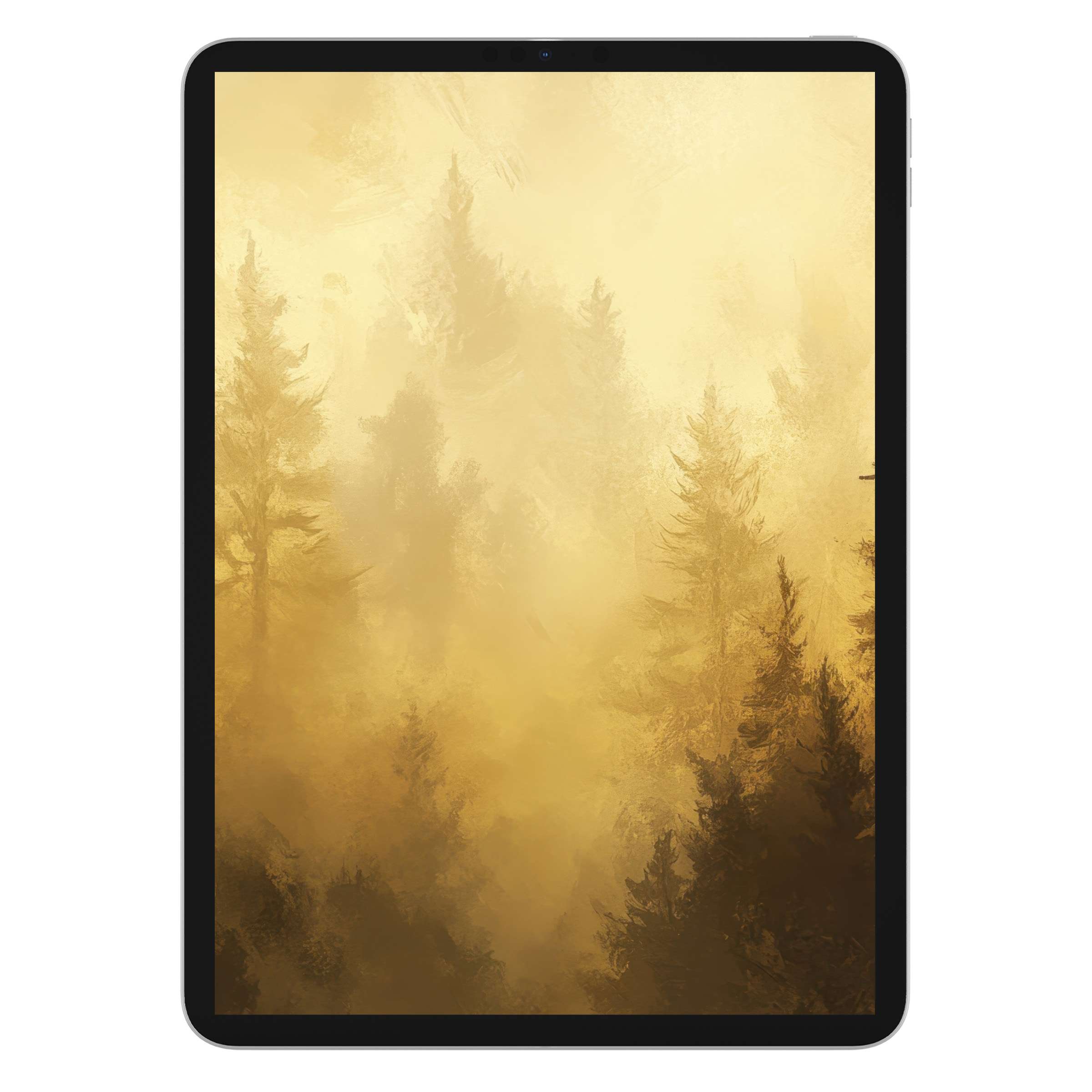 Golden forest mist tree iPad wallpaper sets an elegant digital download background for any tablet, inspiring tranquility and style