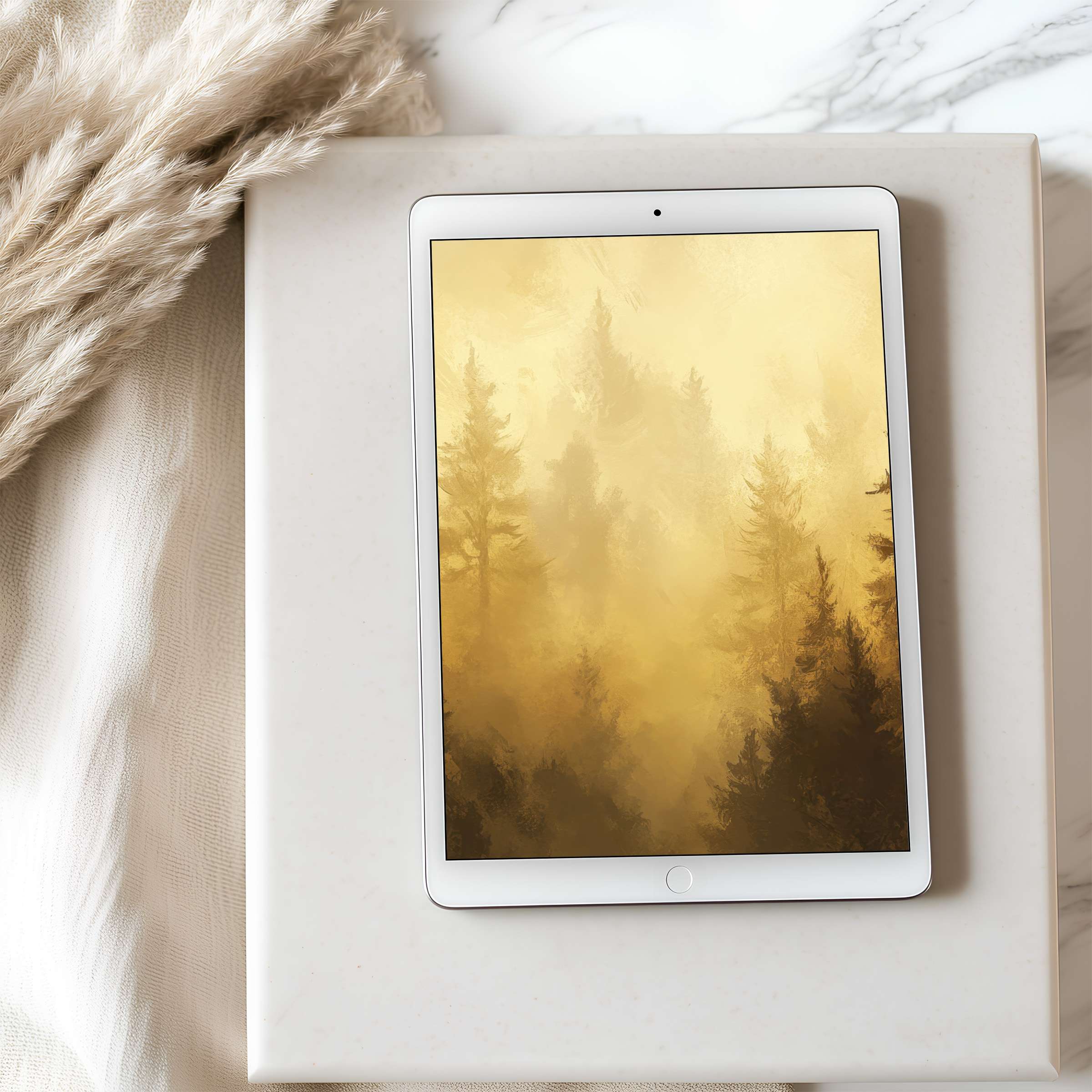 Elegant tablet wallpaper featuring serene golden forest, perfect for iPad and Android tablets high resolution digital download inviting tranquility