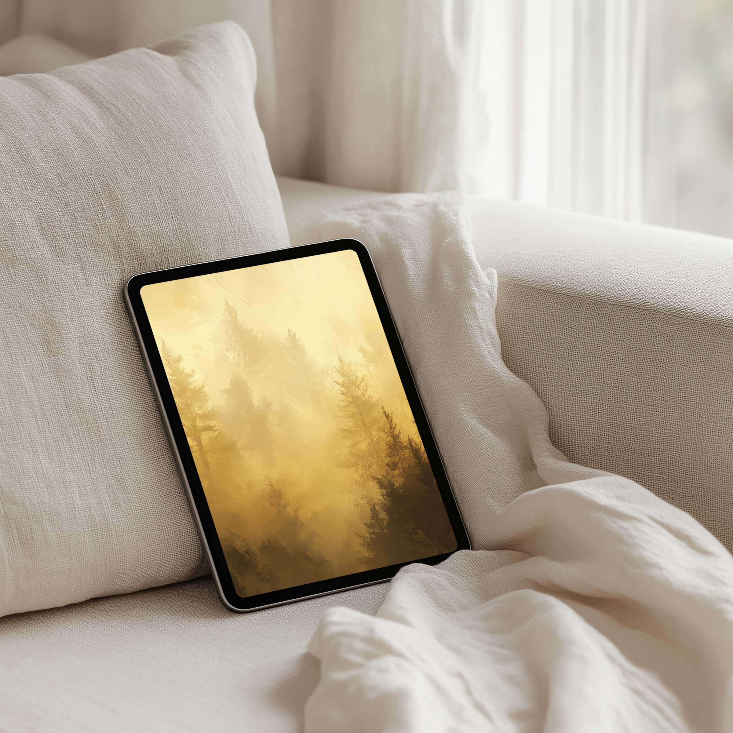 Elegant iPad background with serene golden forest artwork perfect for instant download calming any tablet display to inspire mindfulness