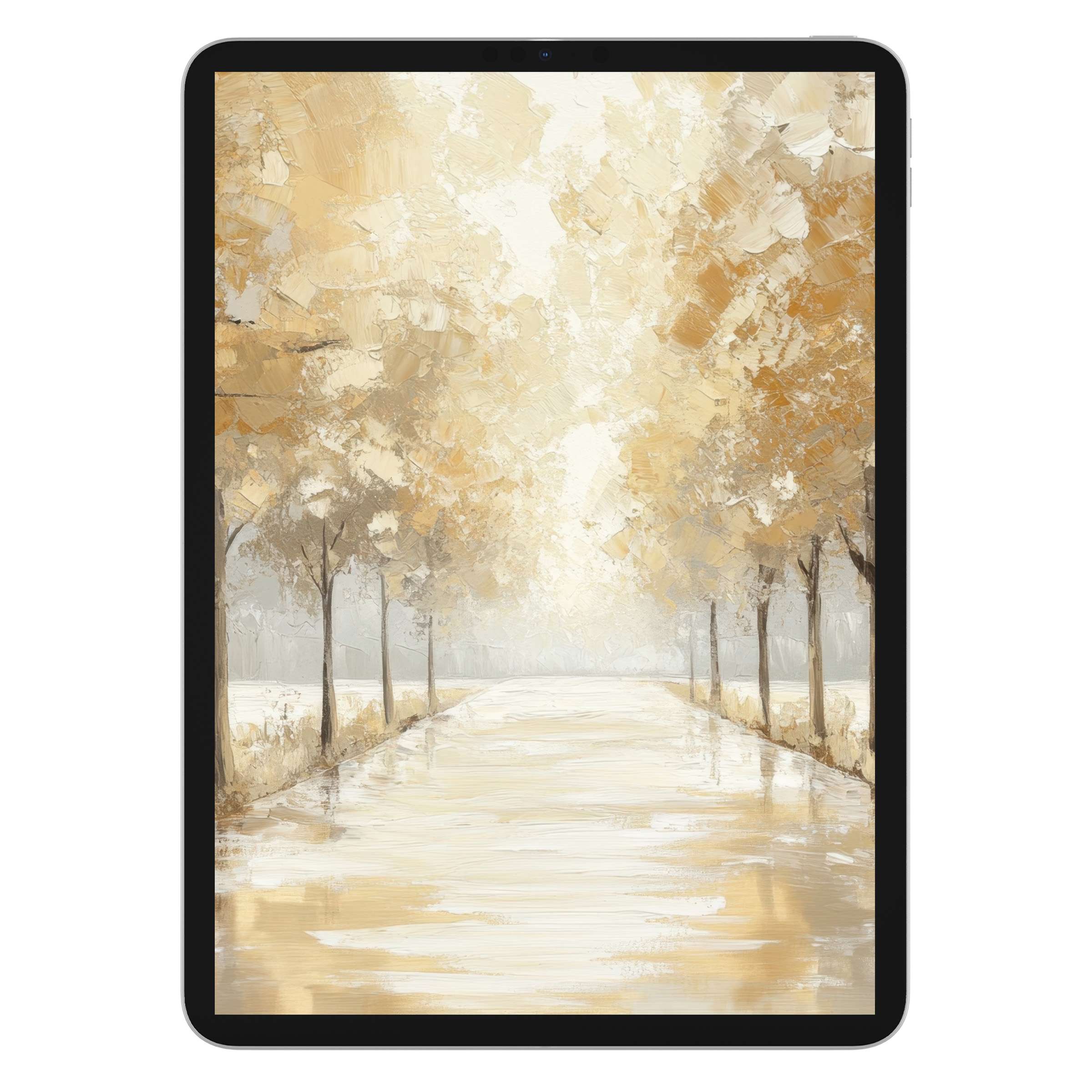 Golden autumn path in impressionist style, perfect tree iPad wallpaper digital download for elegant tablet background tranquility