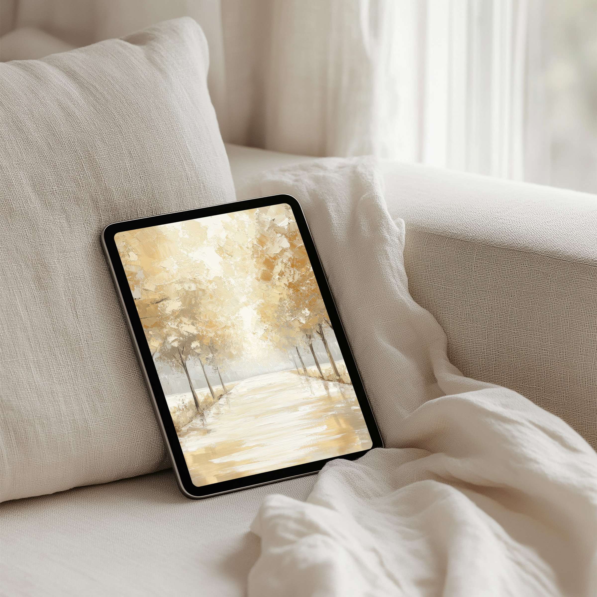 Elegant iPad background with serene golden trees, perfect for instant download on any tablet, inspiring calm and mindfulness