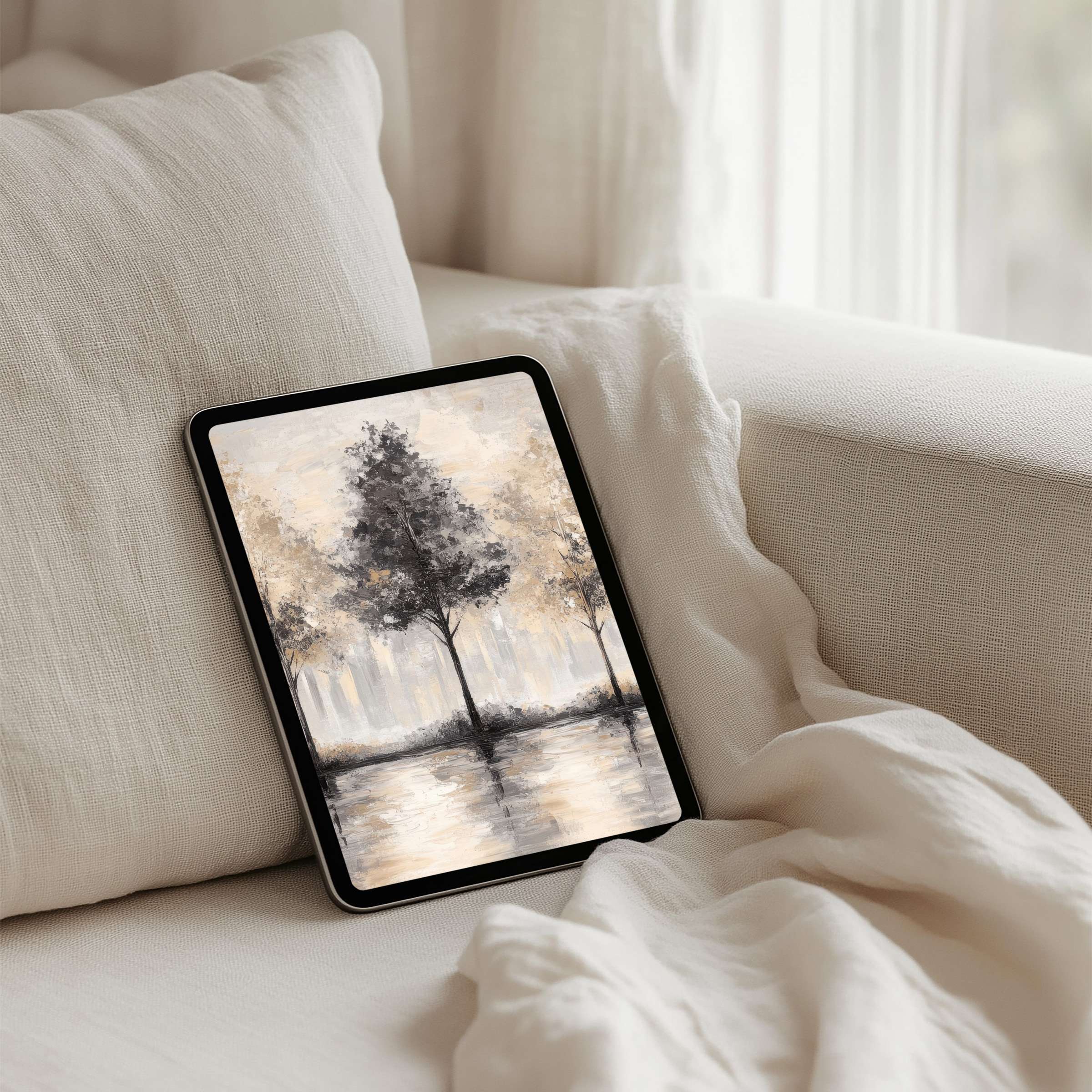 Elegant iPad background featuring serene forest art with soft hues offers instant download for any tablet inspiring calm and mindfulness