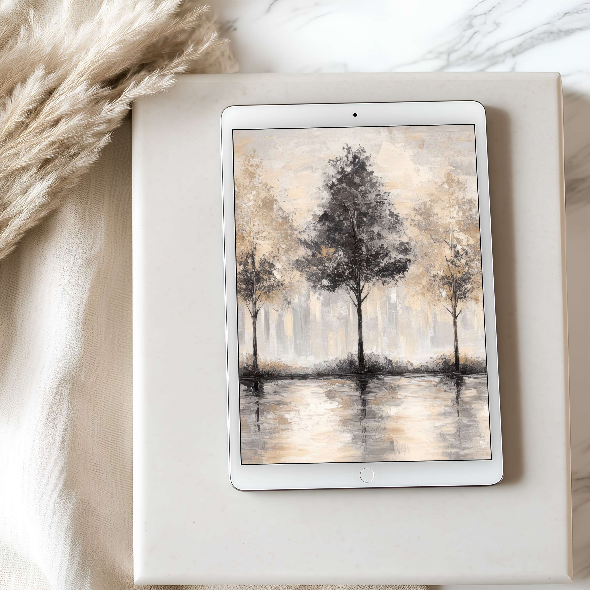 Elegant forest scene tablet wallpaper with neutral tones enhances a serene space, perfect for curated high-resolution iPad downloads