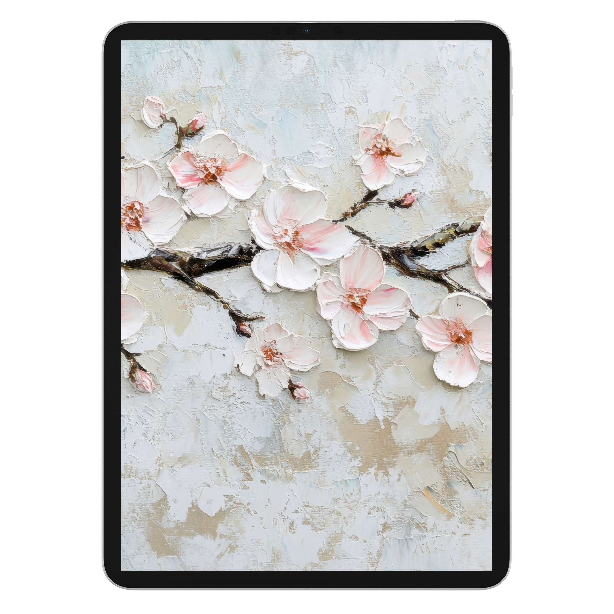 Elegant tree iPad wallpaper featuring delicate pink blossom on textured canvas ideal for tablet background digital download use