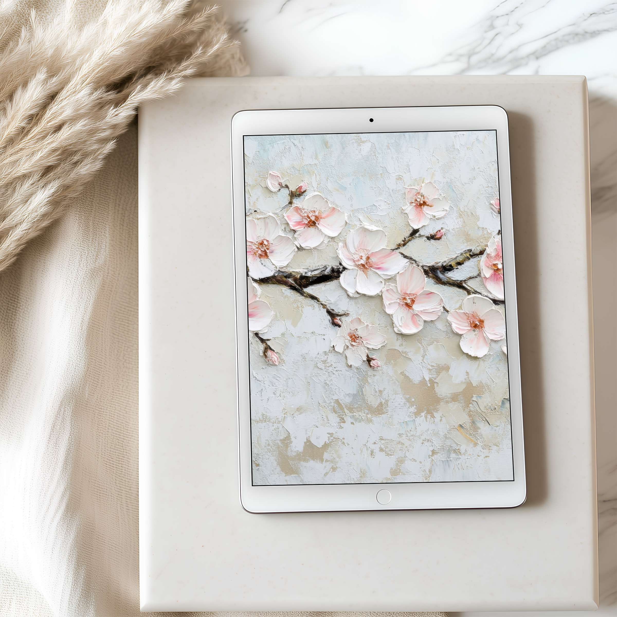 Elegant tablet wallpaper featuring soft pink blossoms in an abstract style, perfect for iPad high-resolution digital download