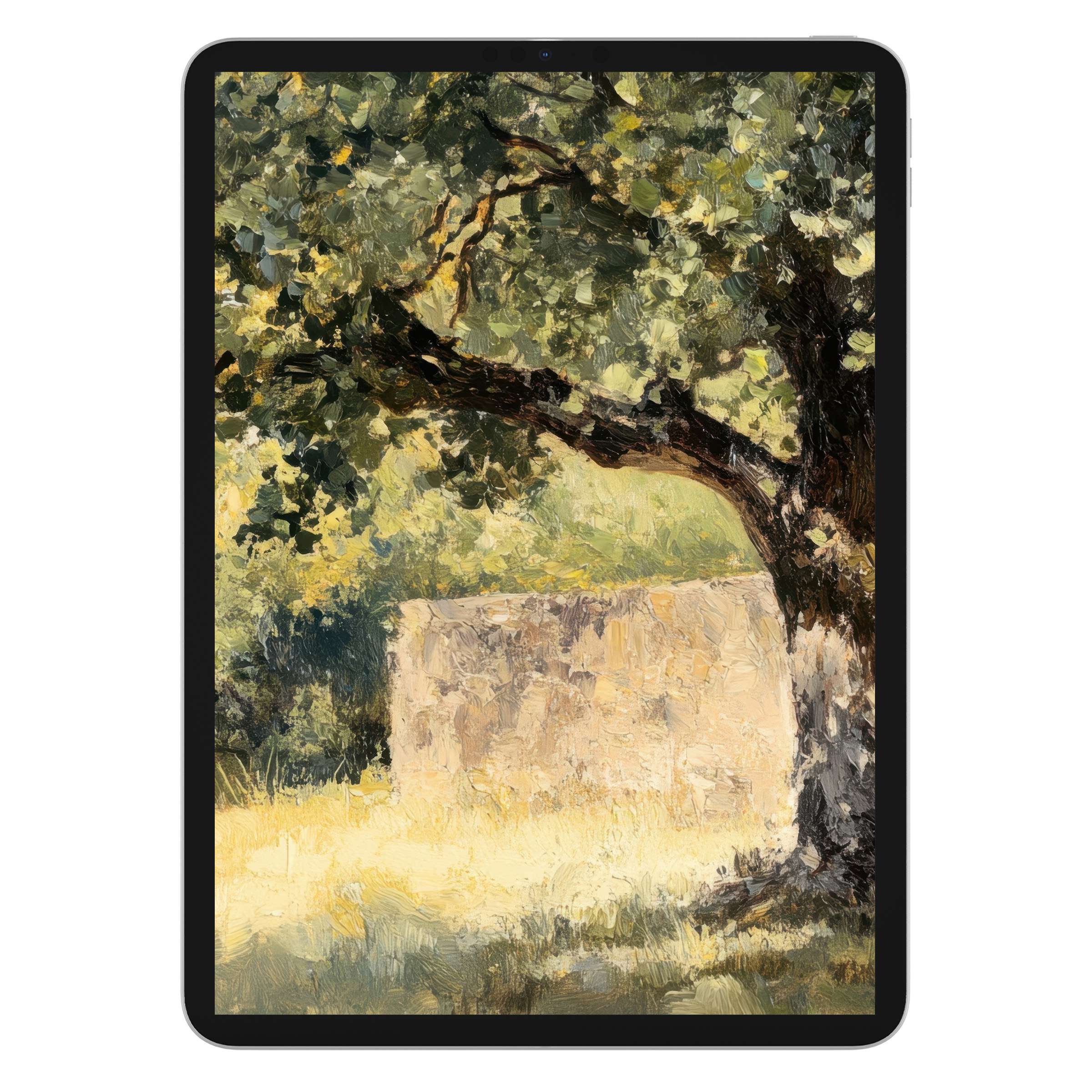 Elegant tree iPad wallpaper digital download with soft brushstrokes in green and beige, ideal tablet background for serene inspiration