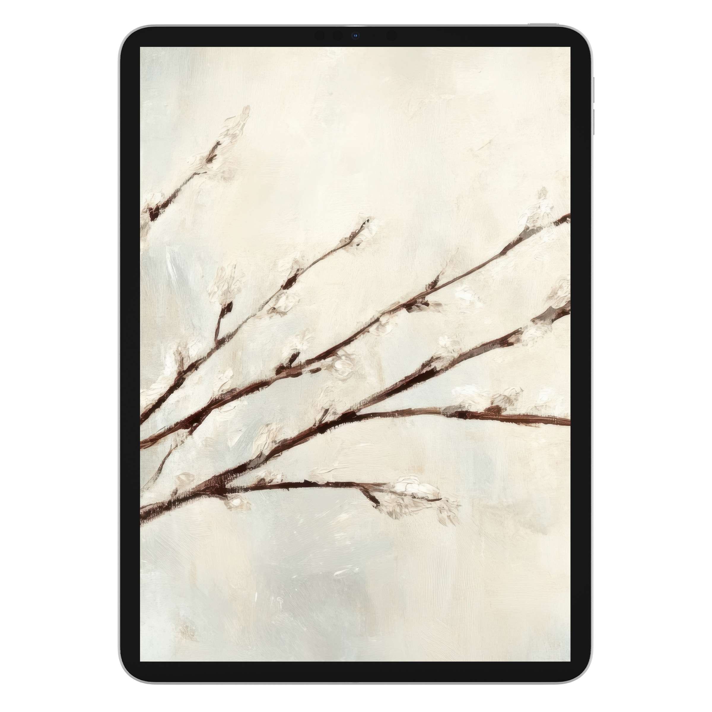 Elegant tree iPad wallpaper featuring soft beige tones and subtle brush strokes for a calming tablet background digital download