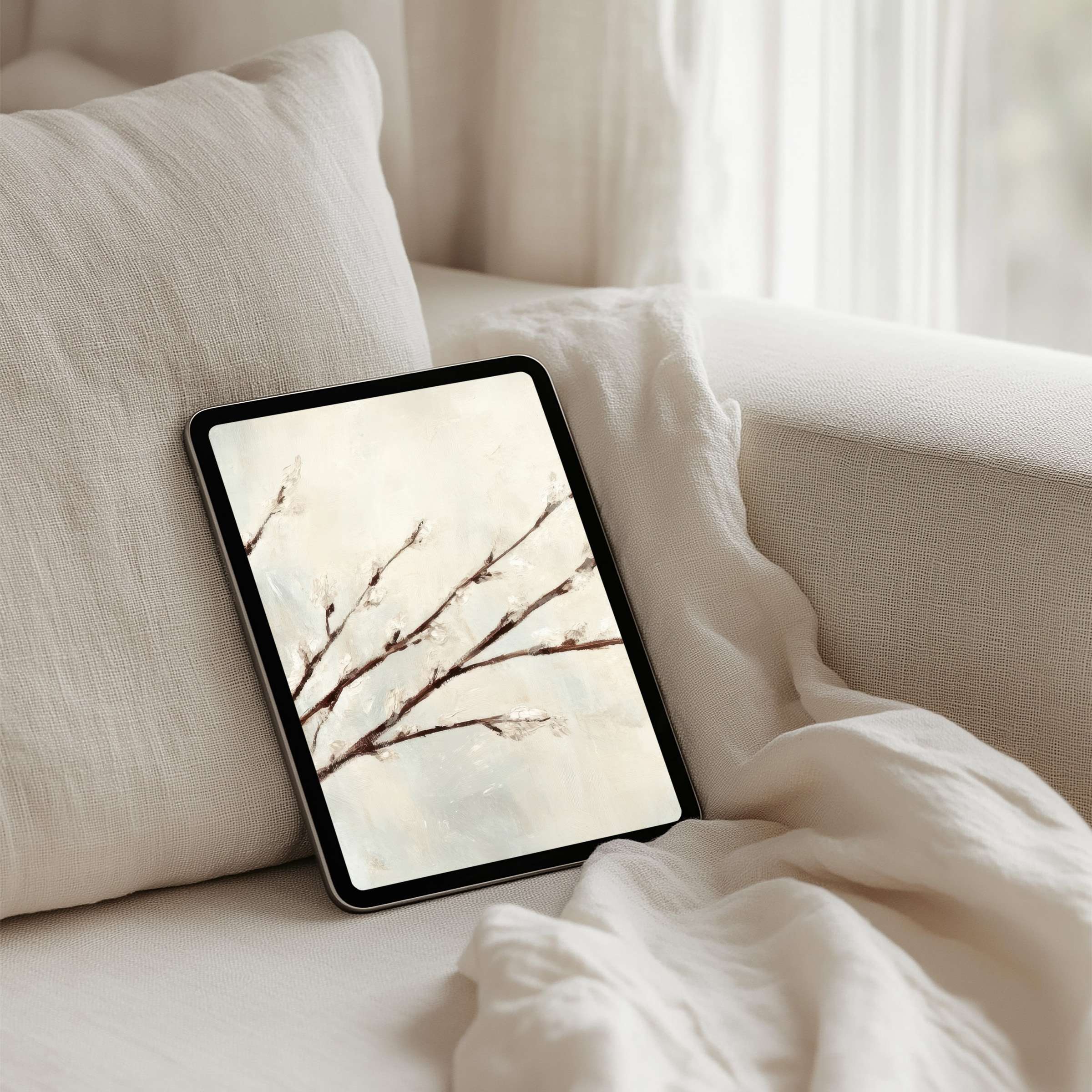 Elegant iPad background featuring tranquil branch artwork offers instant download for tablets, promoting calm and aesthetic inspiration