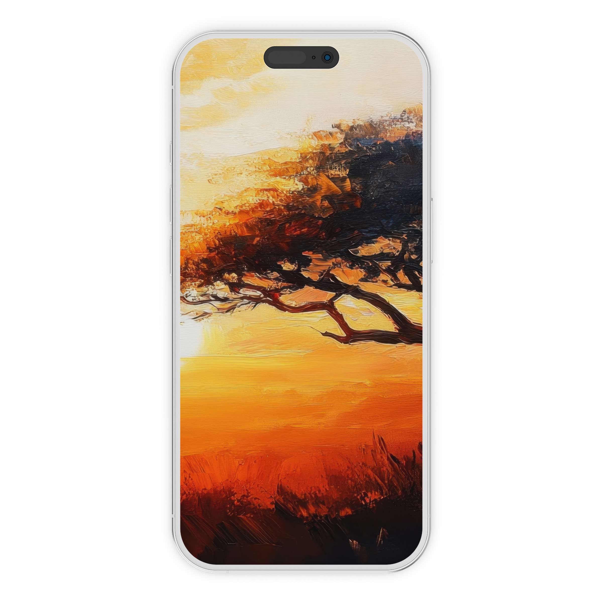Inspiring tree iPhone wallpaper with a serene sunset, offering an elegant phone background digital download for artistic calm