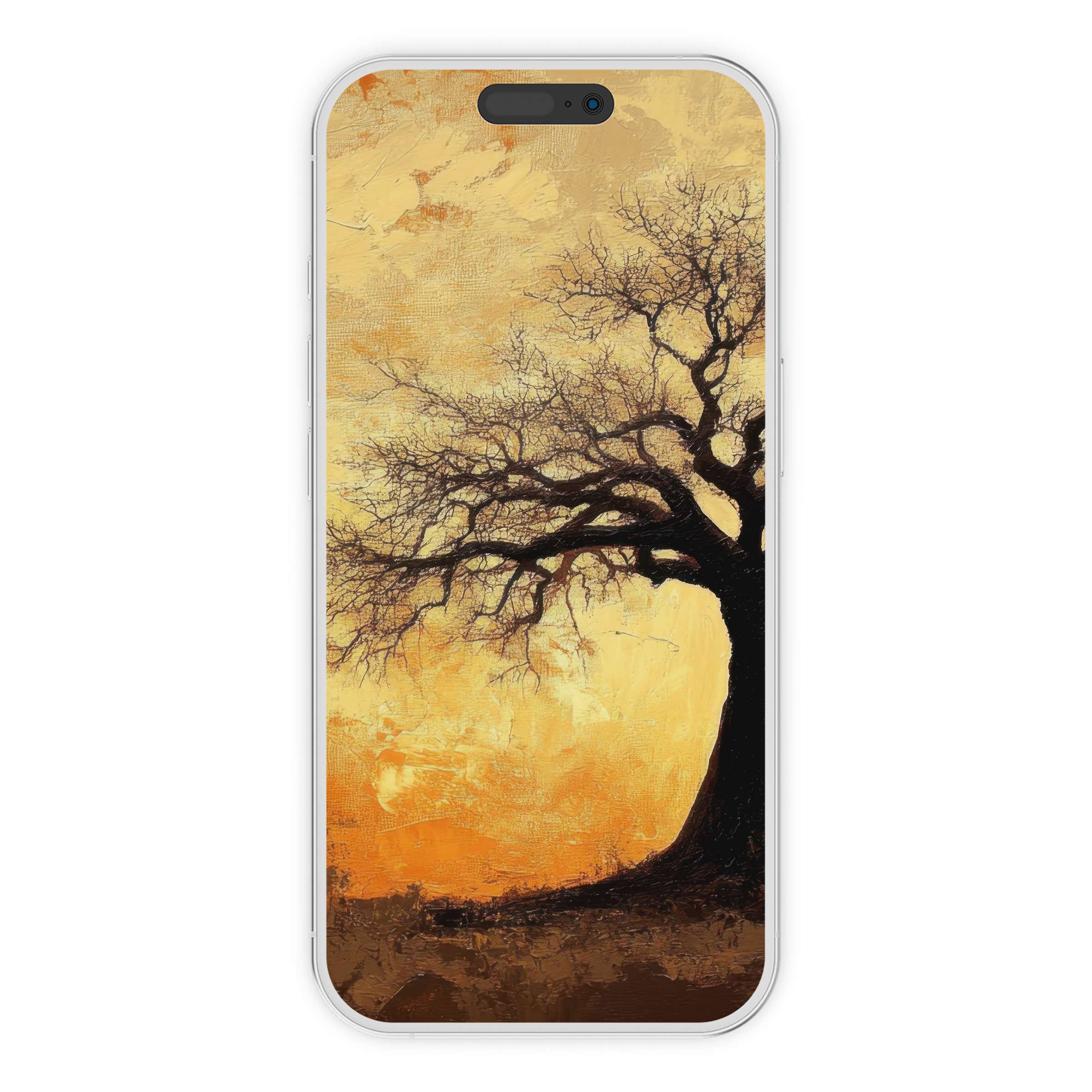 Elegant tree iPhone wallpaper with a warm golden background offers a serene digital download for your phone's artistic backdrop