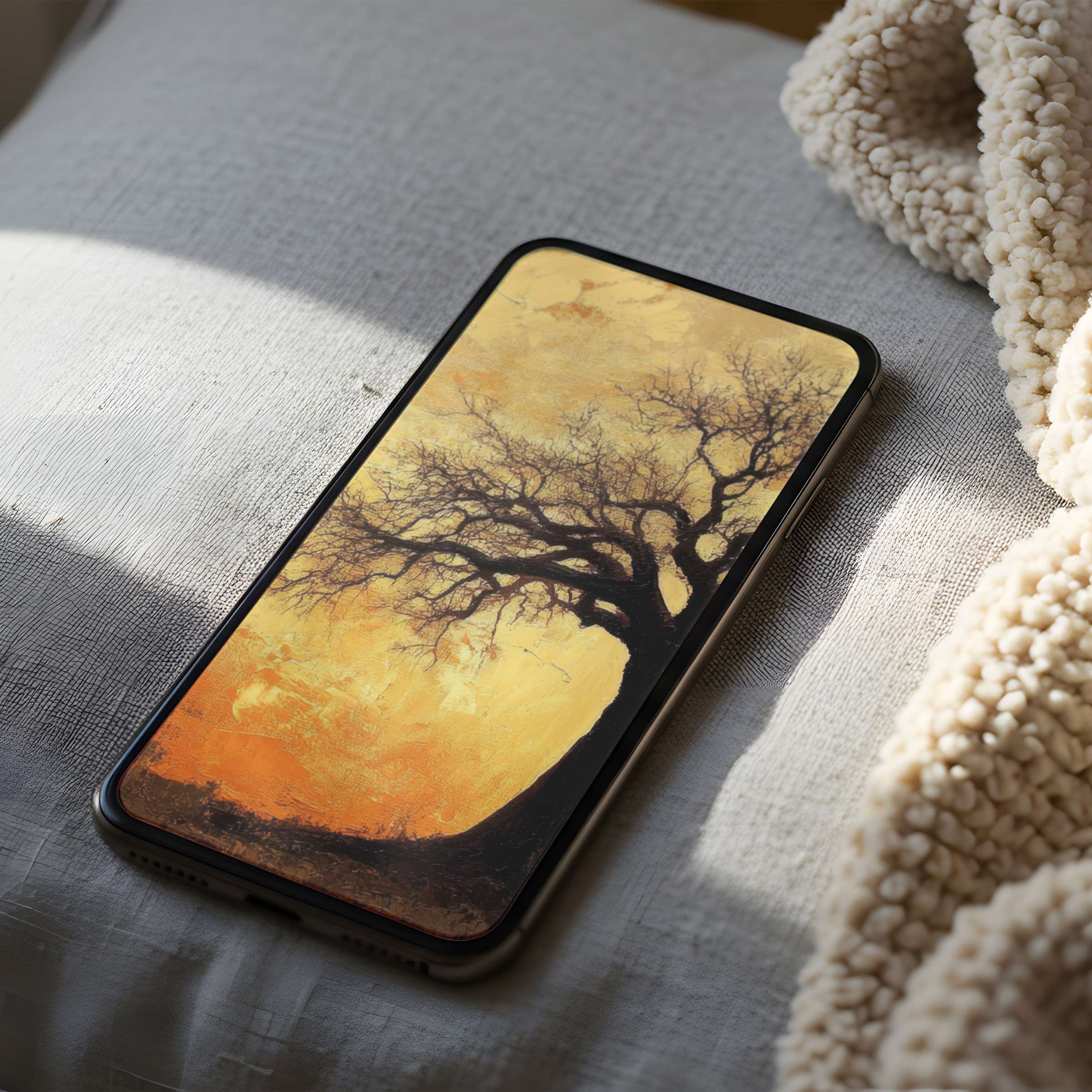 Elegant autumn tones grace this curated phone wallpaper featuring a solitary tree, perfect for high resolution iPhone and Android devices
