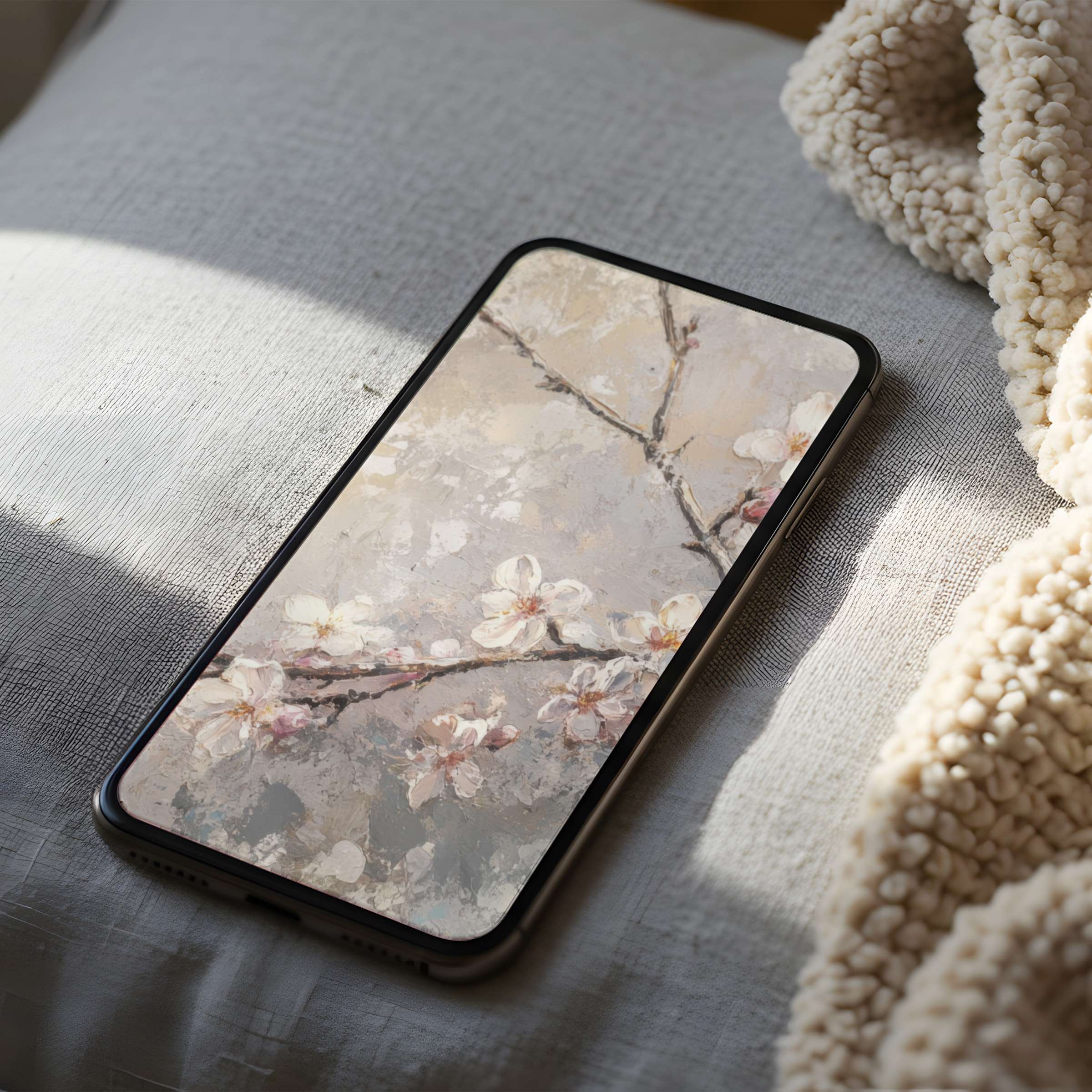 Soft floral phone wallpaper with delicate blossoms on a textured canvas offers calm elegance, ideal for curated iPhone downloads