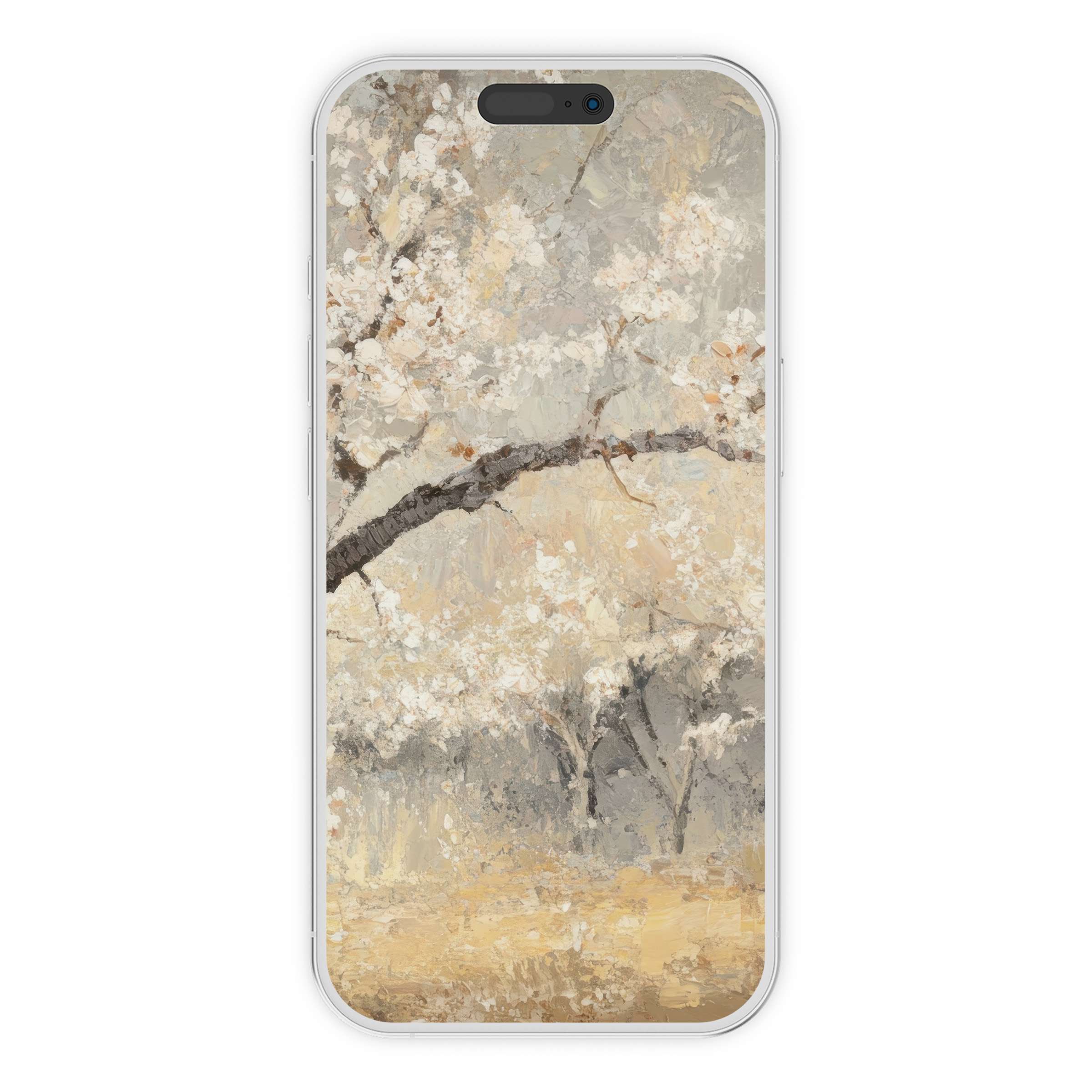 Elegant tree iPhone wallpaper with serene brushstrokes; a digital download enhancing your phone background with calm artistry