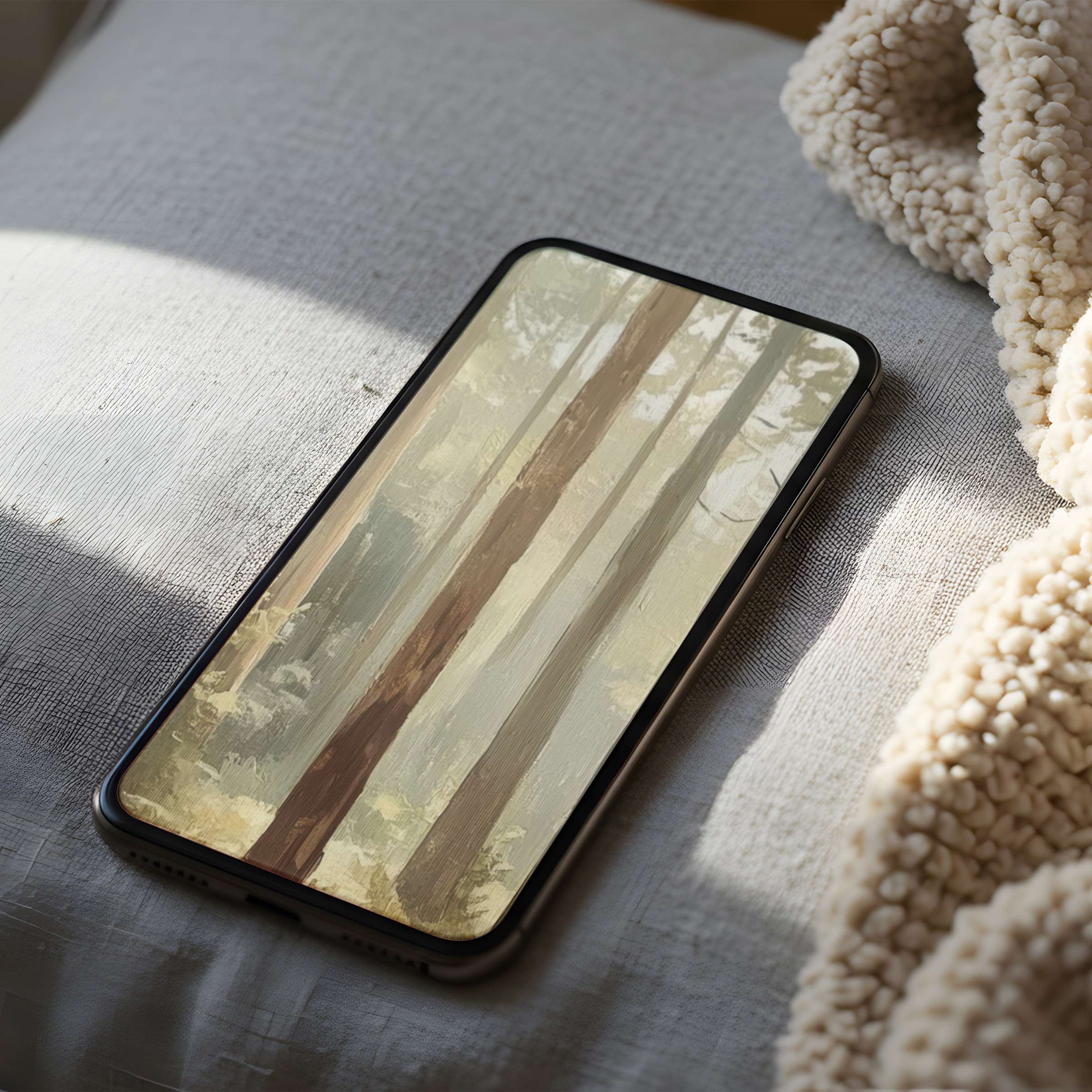 Elegant phone wallpaper showcasing serene forest imagery in soft earthy tones suitable for iPhone and Android digital download