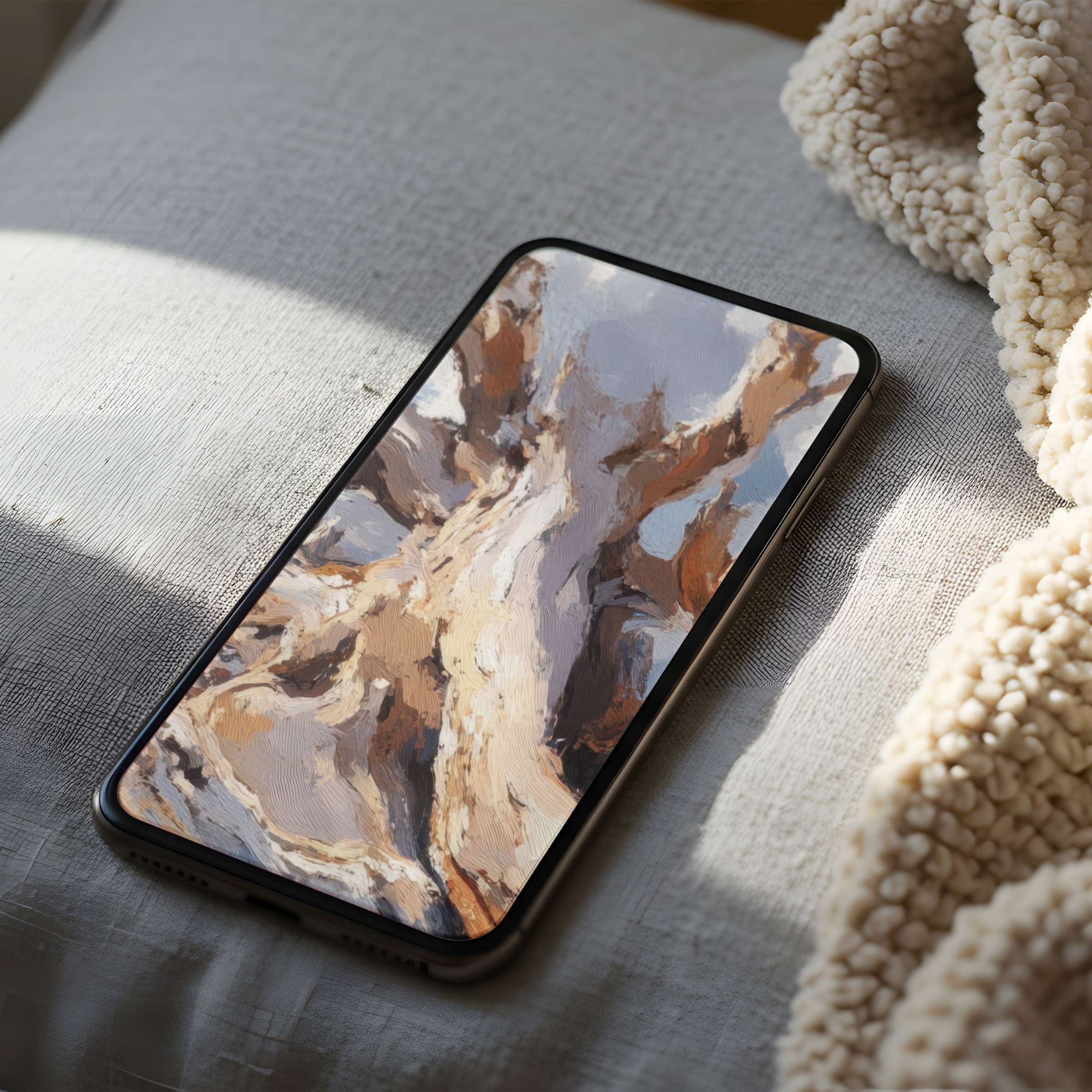 Soothing abstract tree design phone wallpaper with earthy tones, perfect for iPhone and Android, offers tranquility in a high-resolution digital download
