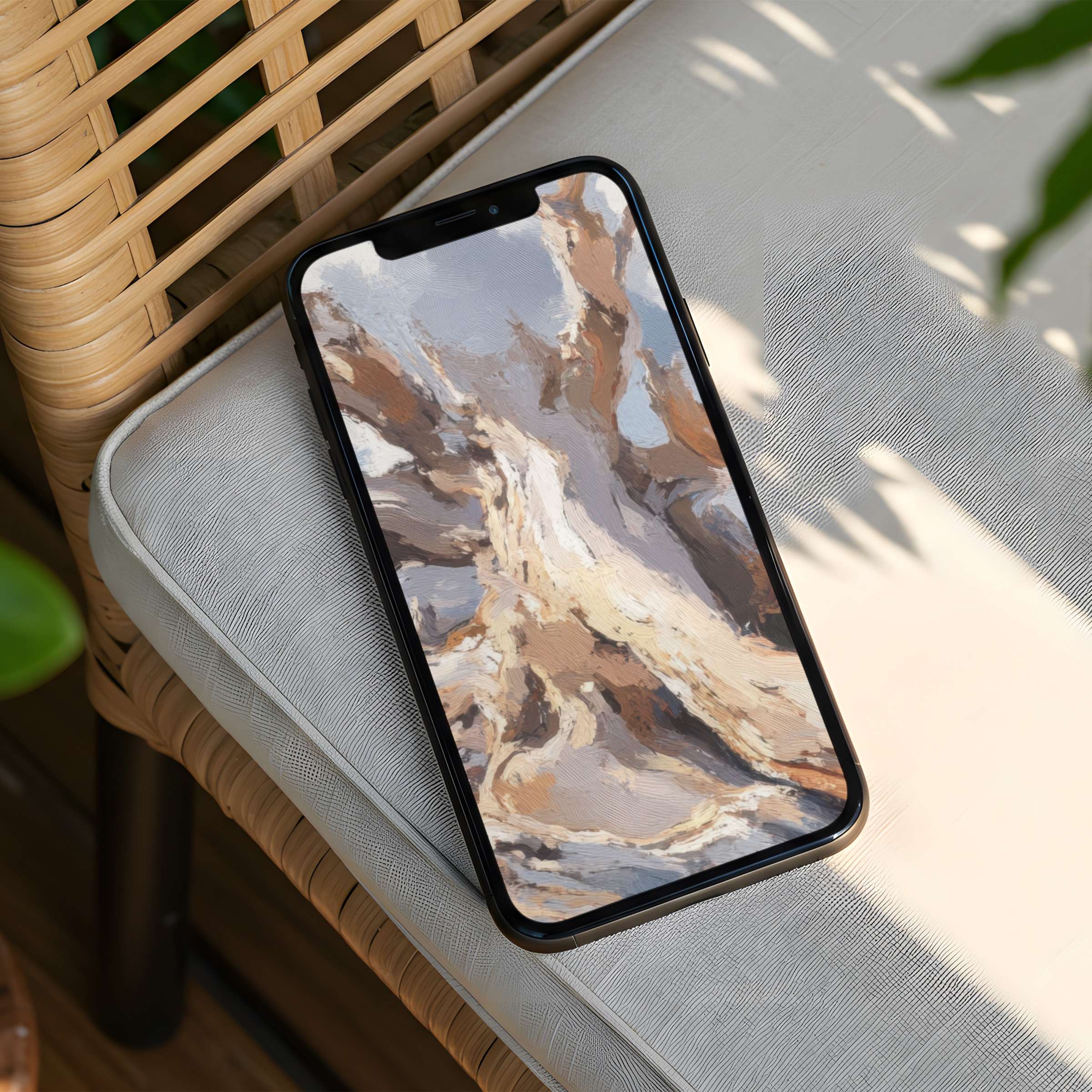 Elegant abstract painting with earthy tones on an iPhone background inspires calm and mindfulness available for instant download phone decor