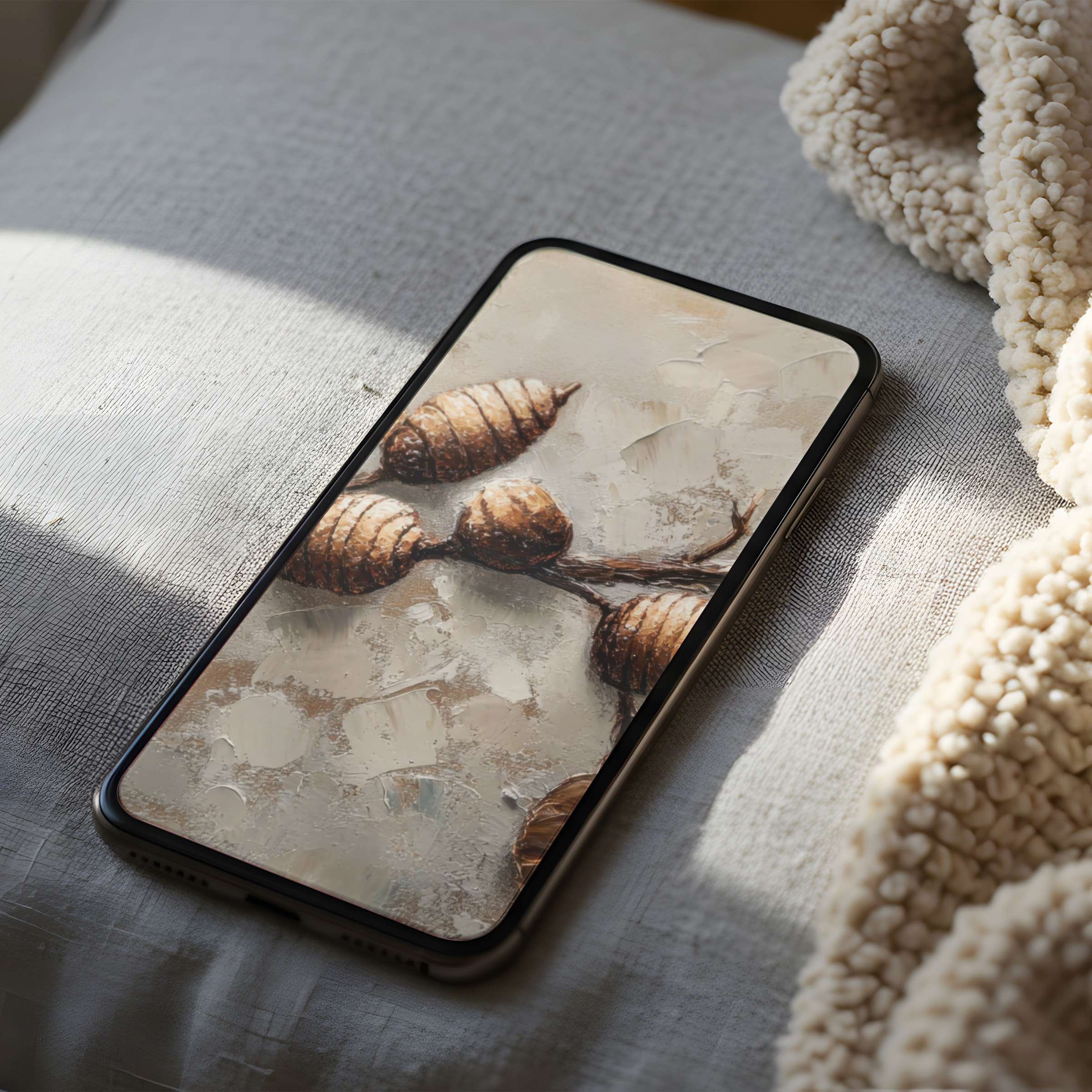 Elegant phone wallpaper featuring earthy tones and spiraled shells, perfect for iPhone and android phones, high resolution download
