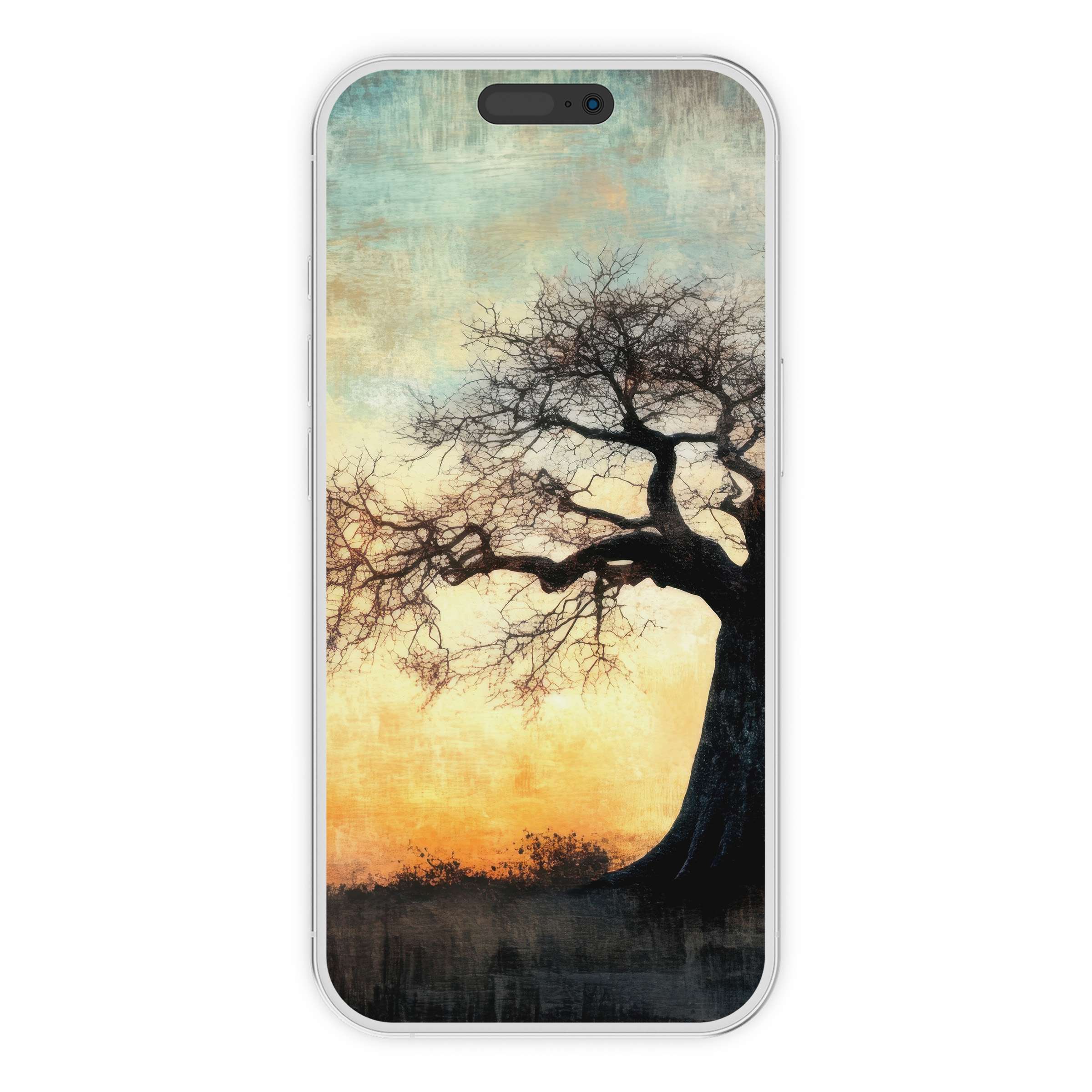 Elegant tree iPhone wallpaper with a serene sunset background, perfect digital download for a calming phone aesthetic and inspiration