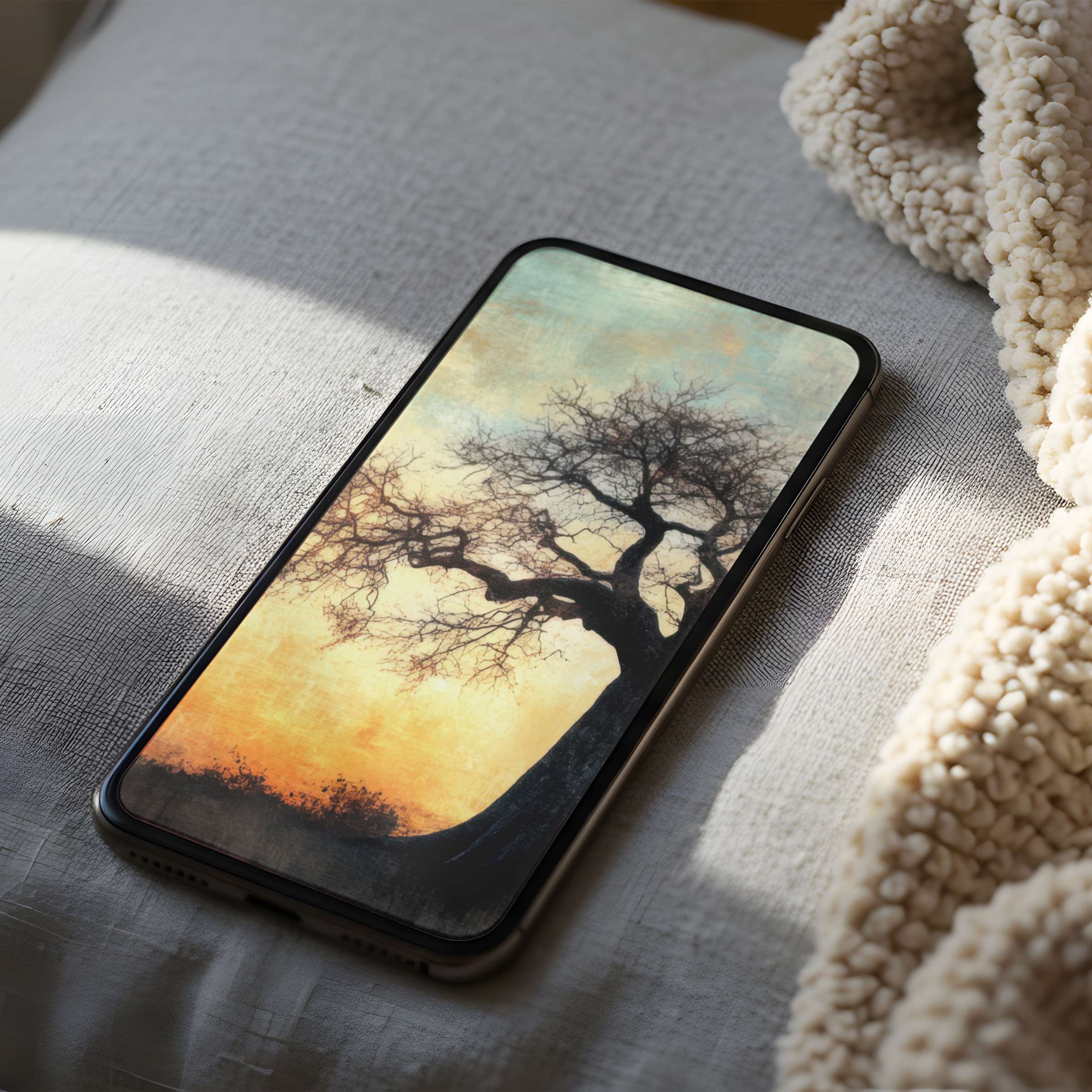 Elegant phone wallpaper with serene tree silhouette against a dusk sky perfect for iPhone digital download calming your day