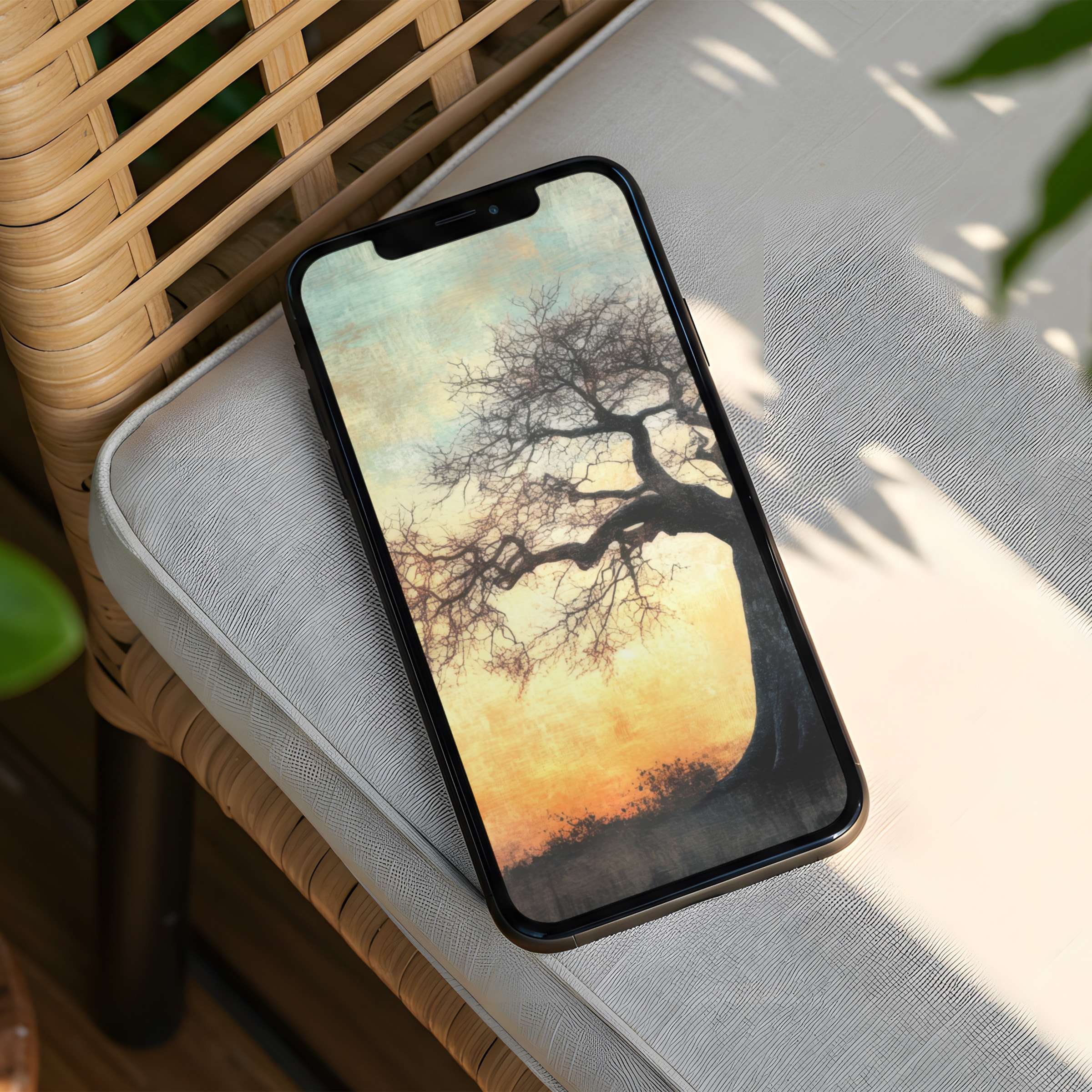 Serene iPhone background featuring a silhouetted tree against a watercolor sunset for instant download on phone screens inspiring elegance