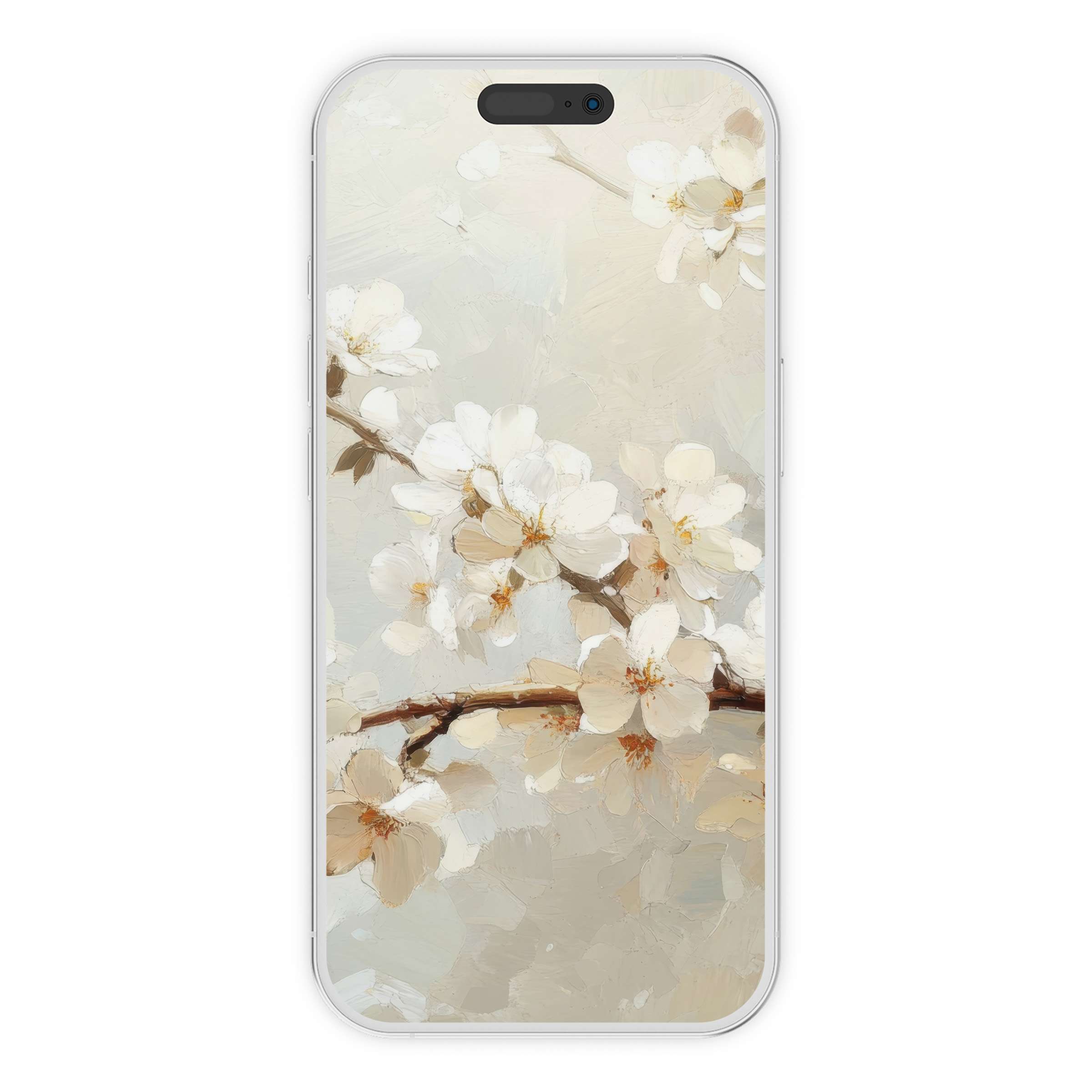 Elegant tree iPhone wallpaper showcasing blooming branches with white flowers offers a serene digital download phone background