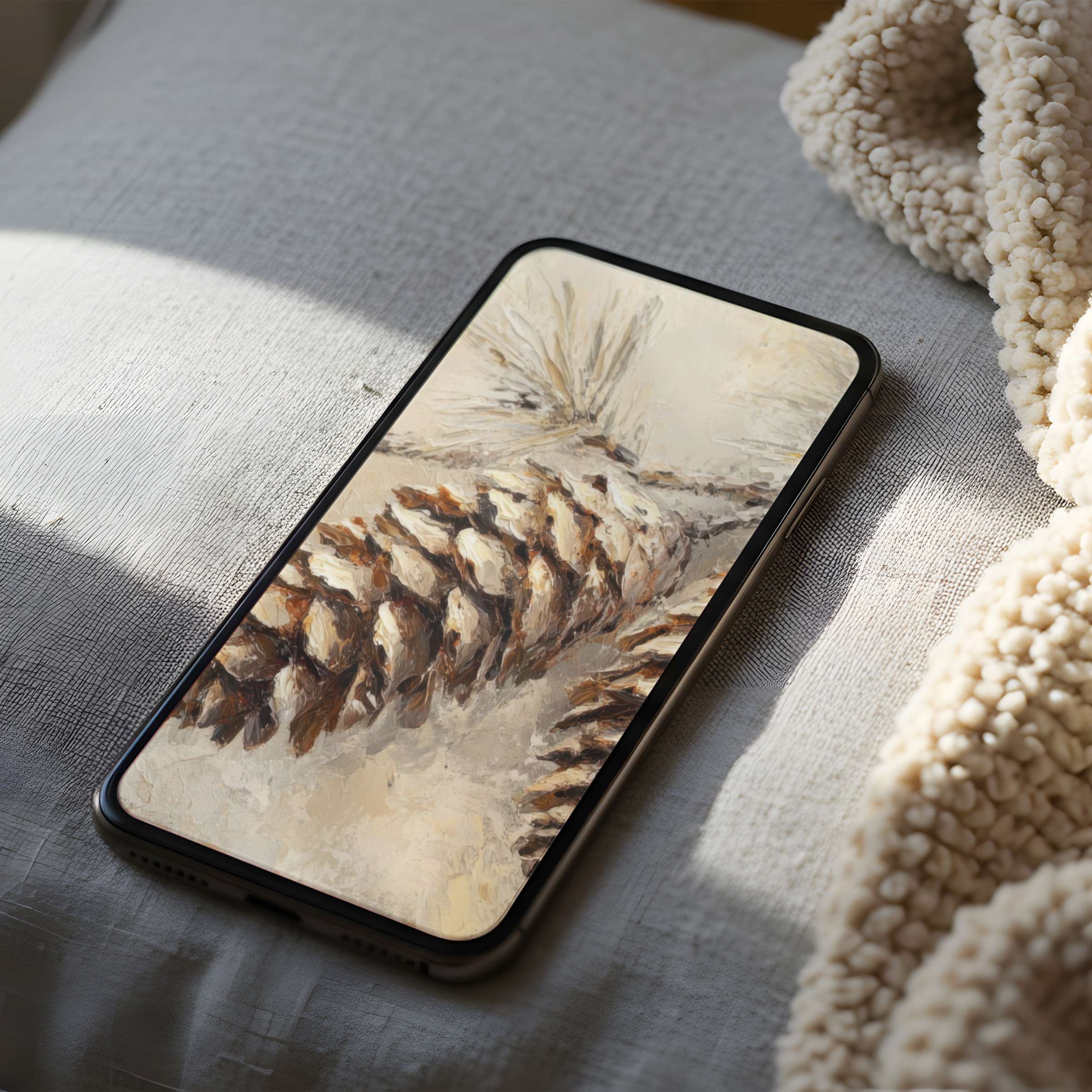 Serene phone wallpaper featuring a textured pinecone painting, offering high resolution beauty, perfect for iPhone and Android screens