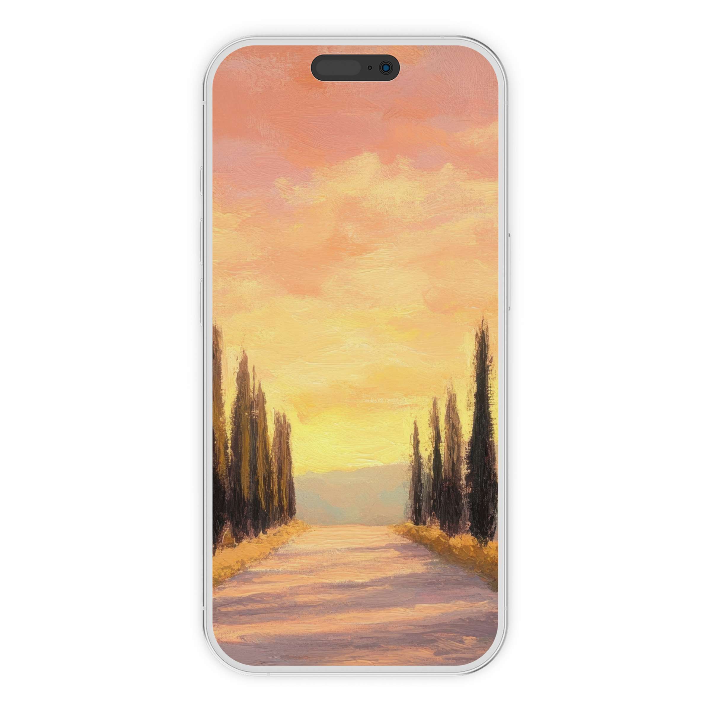 Serene tree iPhone wallpaper with warm sunset hues offers a calming phone background, ideal digital download for art lovers seeking tranquility