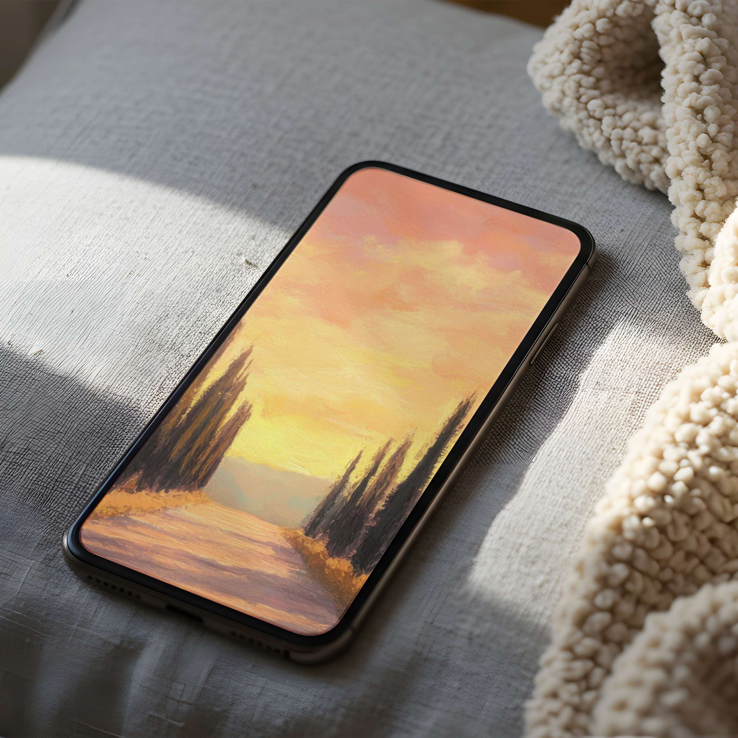 Calming sunset phone wallpaper featuring a serene landscape on a cozy blanket enhances tranquility and suits iPhone and Android digital downloads