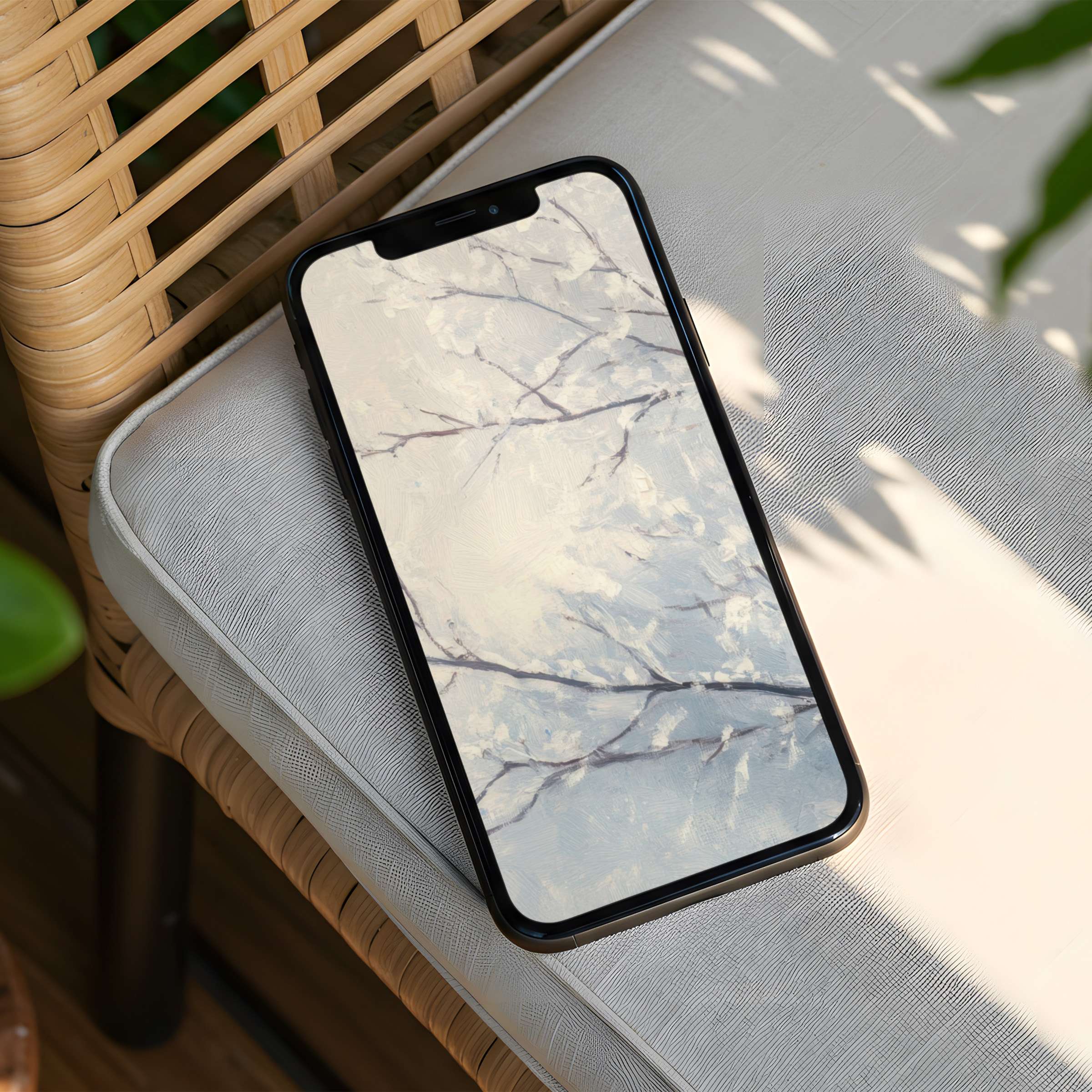 Elegant iPhone background featuring serene branches and soft textures offers instant download for mindfulness on any phone