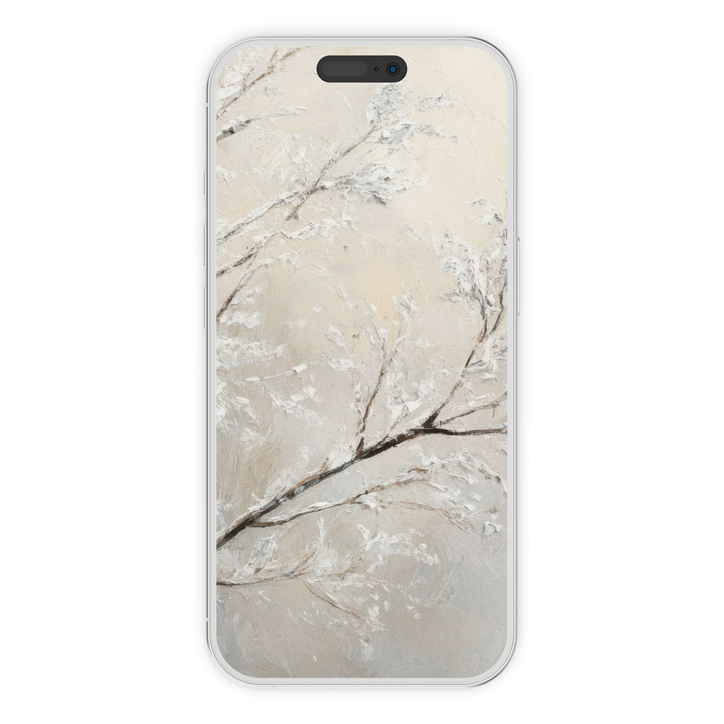 Elegant tree iPhone wallpaper with a serene, textured branch on a soft neutral background, perfect digital download for phone aesthetics