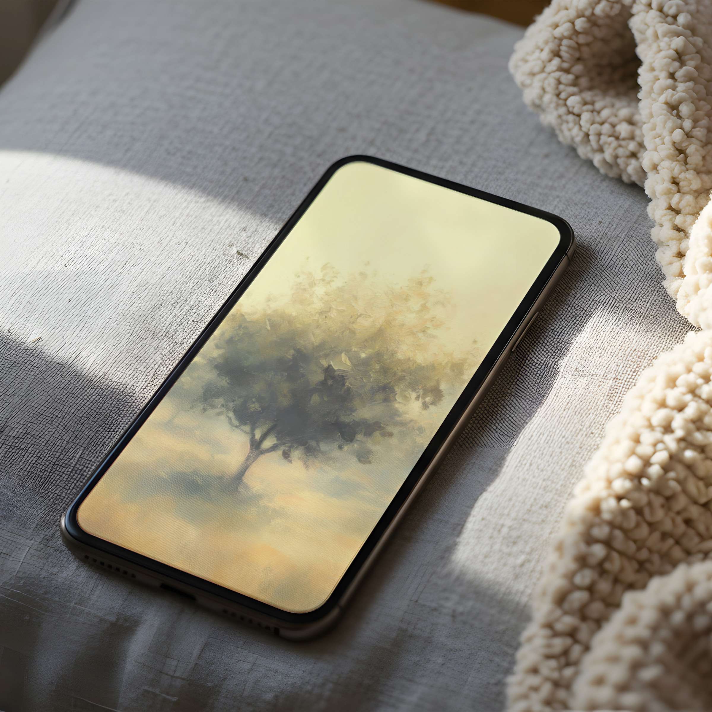 Calming tree phone wallpaper with soft hues and impressionistic style, ideal for iPhone or Android, offers a soothing ambiance