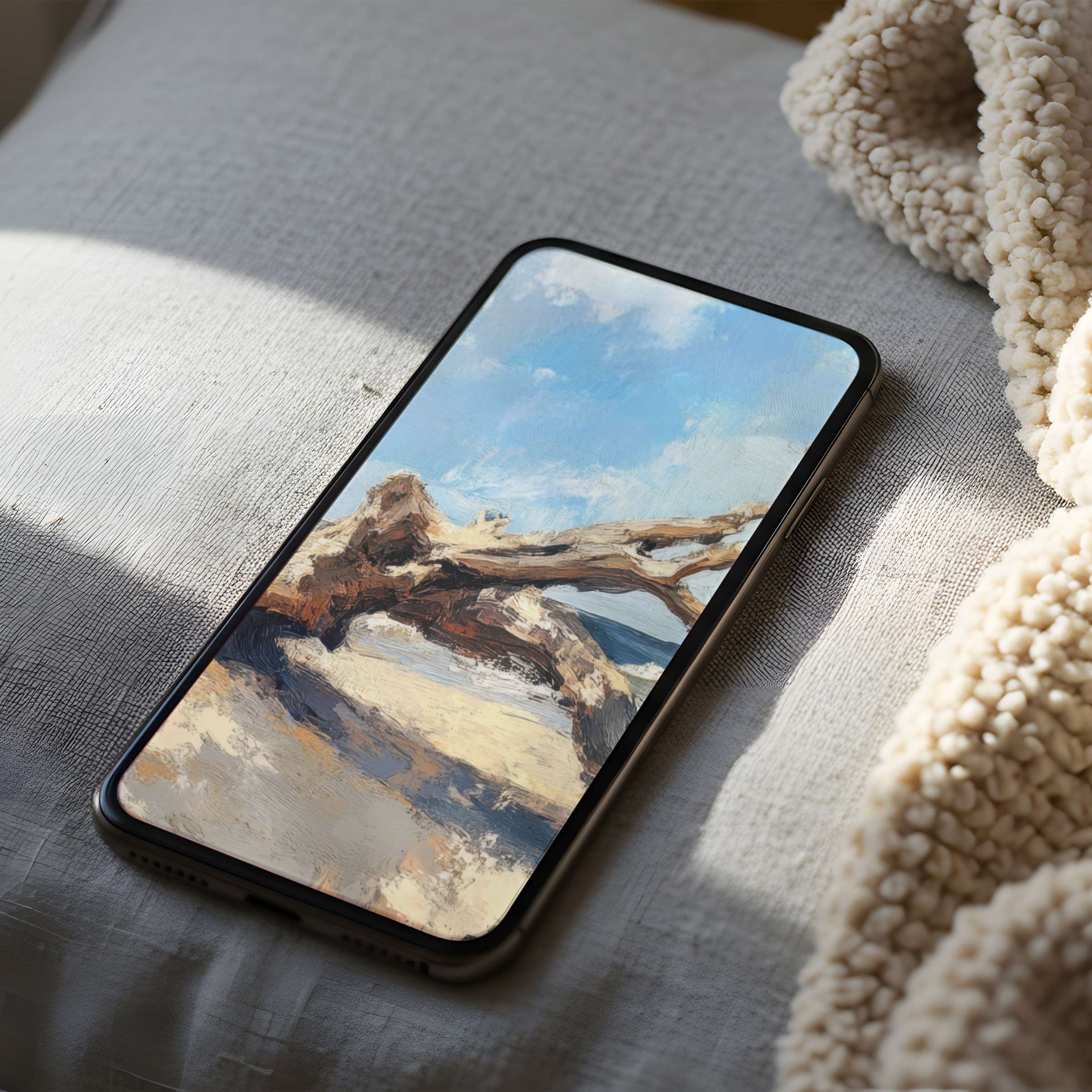 Elegant phone wallpaper featuring serene beach driftwood art in high resolution perfect for iPhone and Android digital download