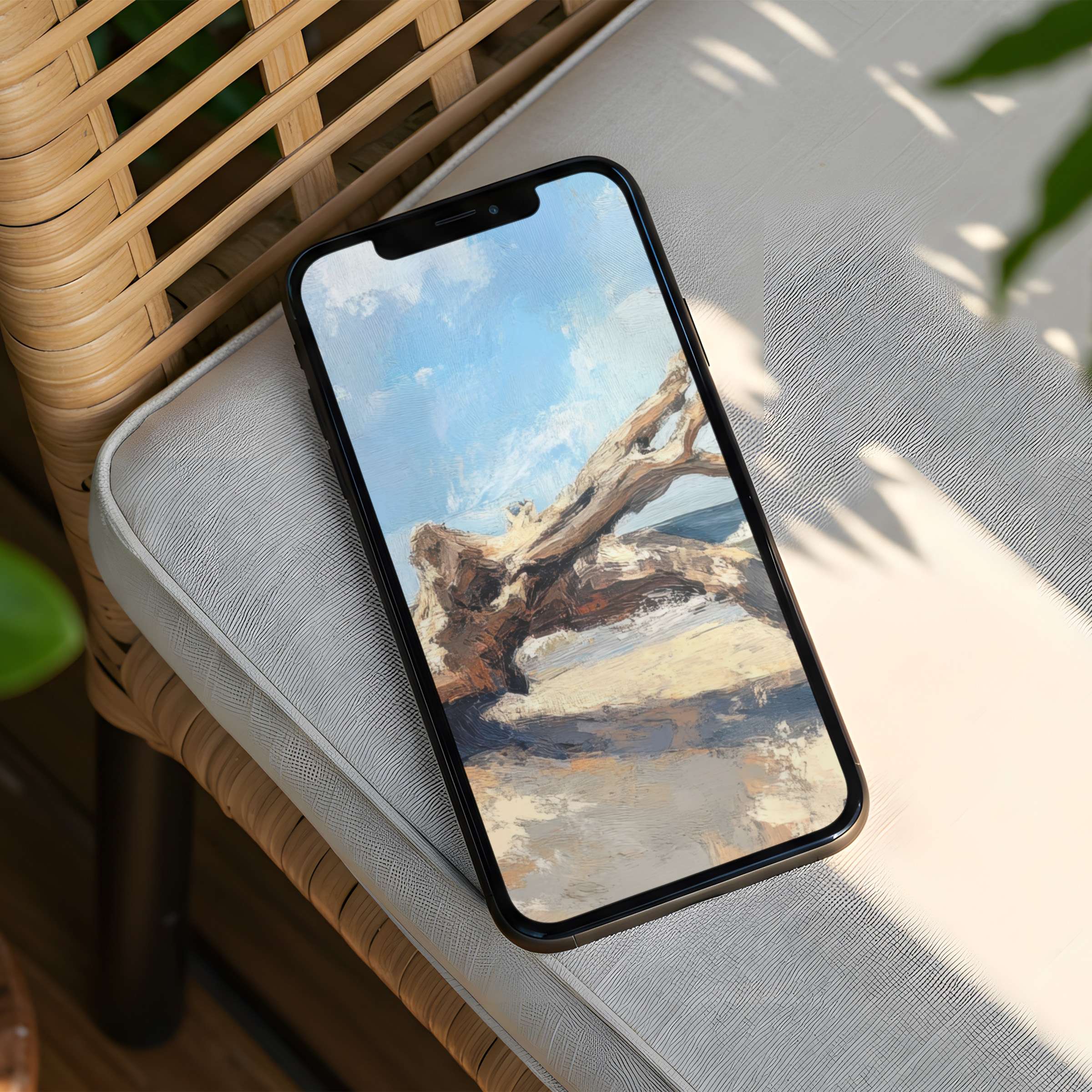 Elegant iPhone background featuring serene driftwood art for instant download on your phone inspiring calm and mindfulness