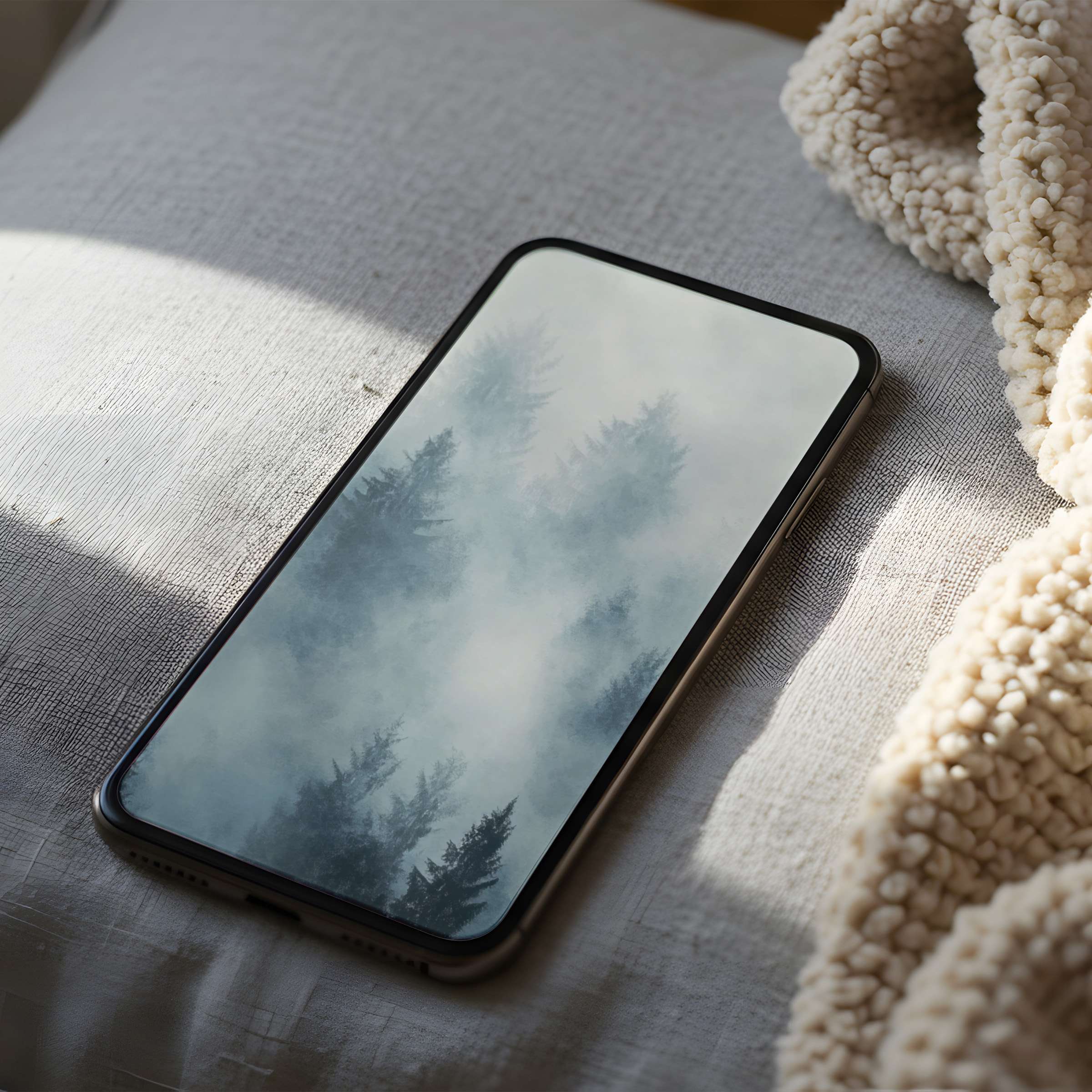 Misty forest scene phone wallpaper on high resolution display offers tranquility and elegance for iPhone and Android digital download