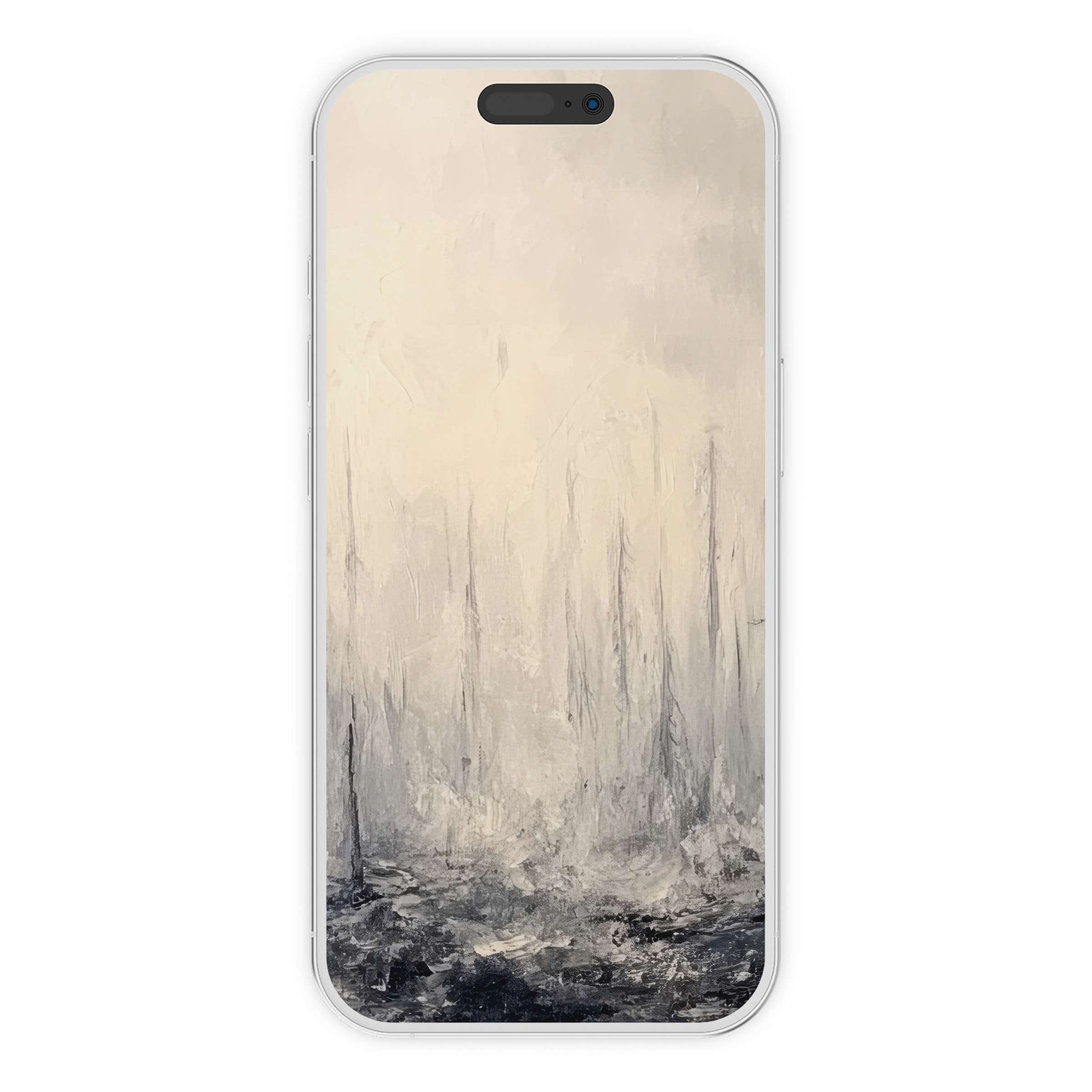 Elegant abstract tree iPhone wallpaper in soothing grays with textured brush strokes, perfect phone background for digital download artistry