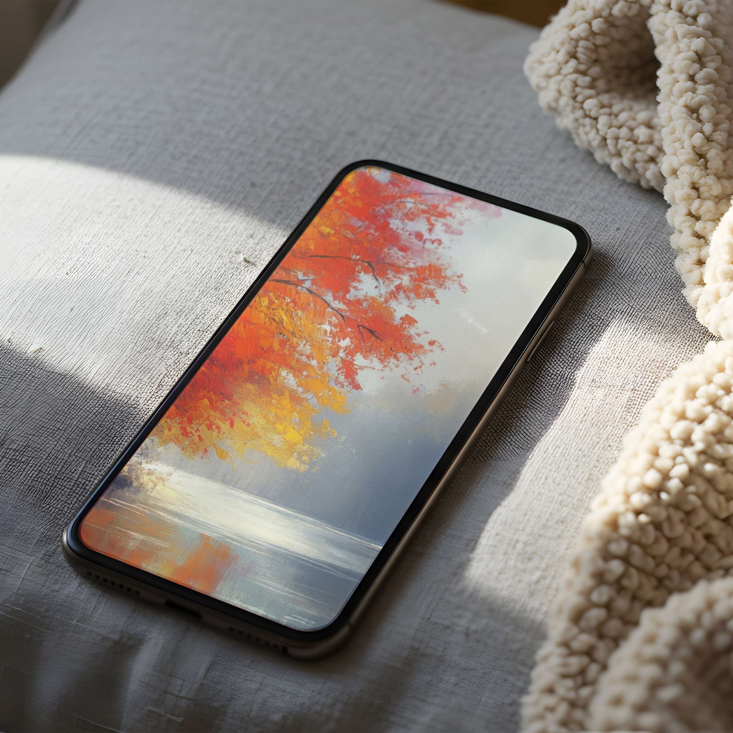 Autumn-inspired phone wallpaper with vivid red and orange leaves reflected on serene water high resolution for iPhone or Android download